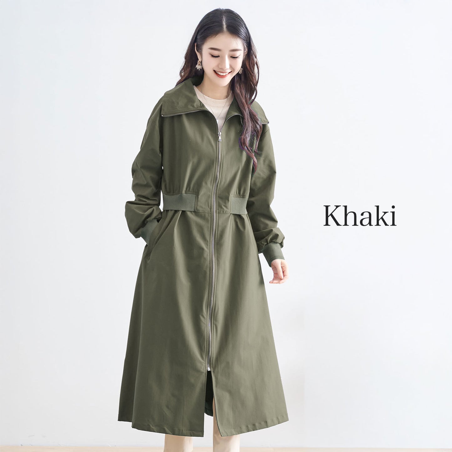 ウエストリブ切替フロントジップライトロングコート M〜L 4カラー