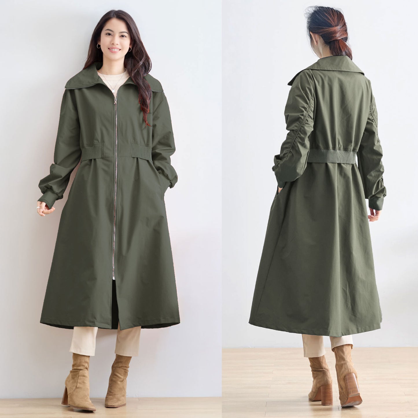 ウエストリブ切替フロントジップライトロングコート M〜L 4カラー