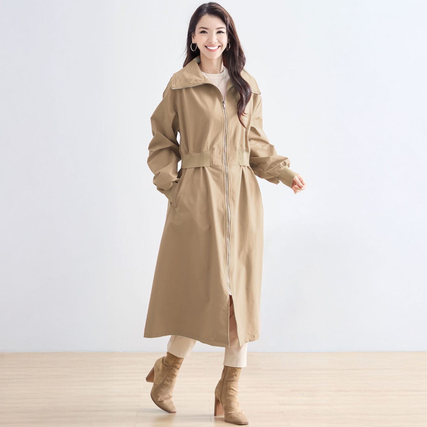 ウエストリブ切替フロントジップライトロングコート M〜L 4カラー