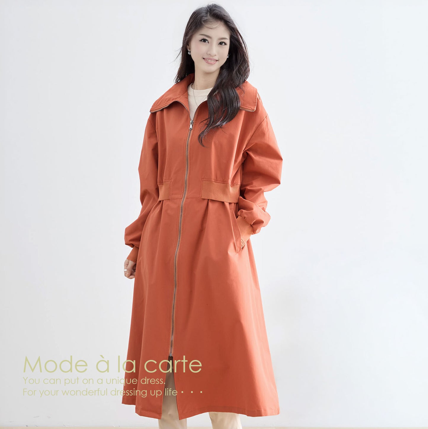 ウエストリブ切替フロントジップライトロングコート M〜L 4カラー