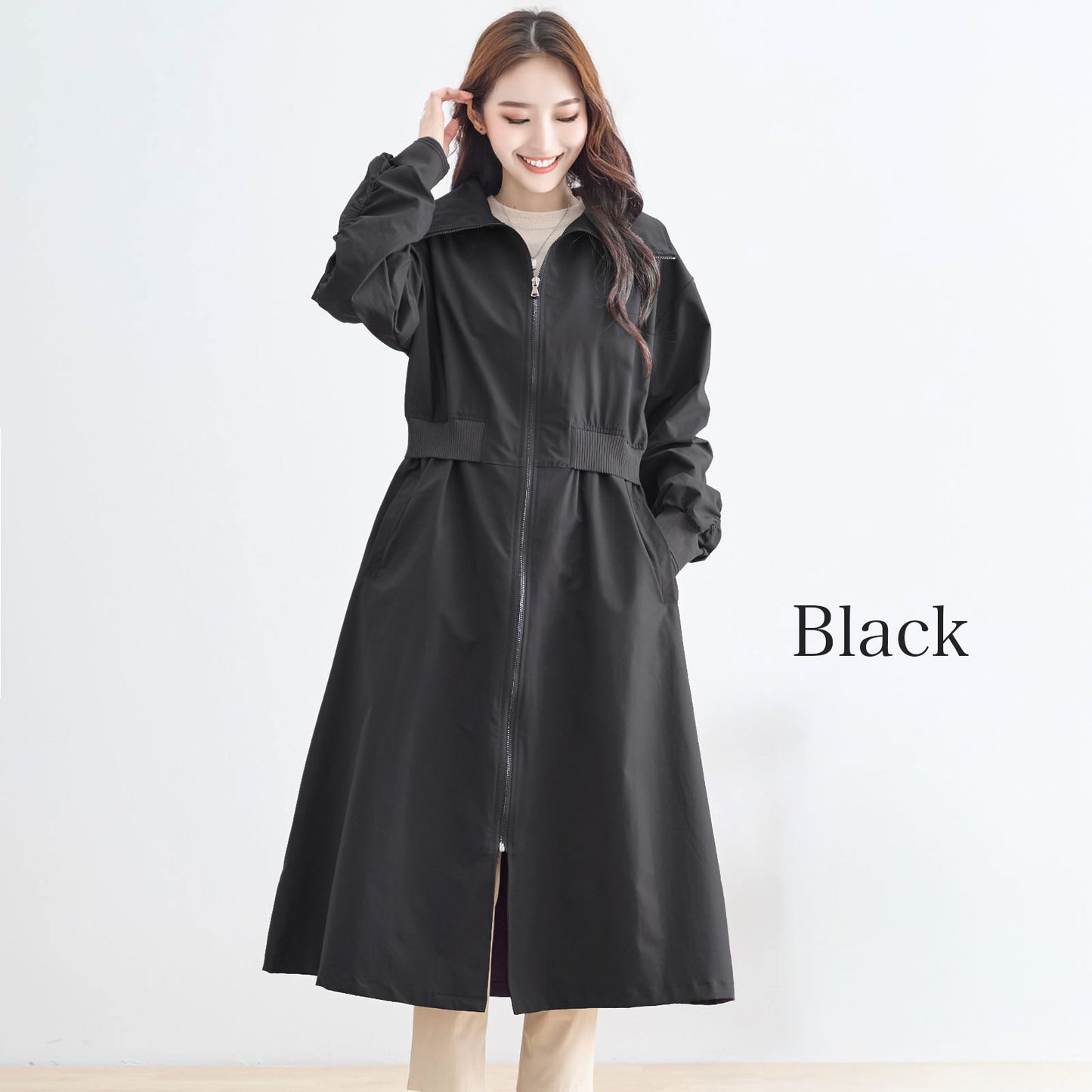 ウエストリブ切替フロントジップライトロングコート M〜L 4カラー