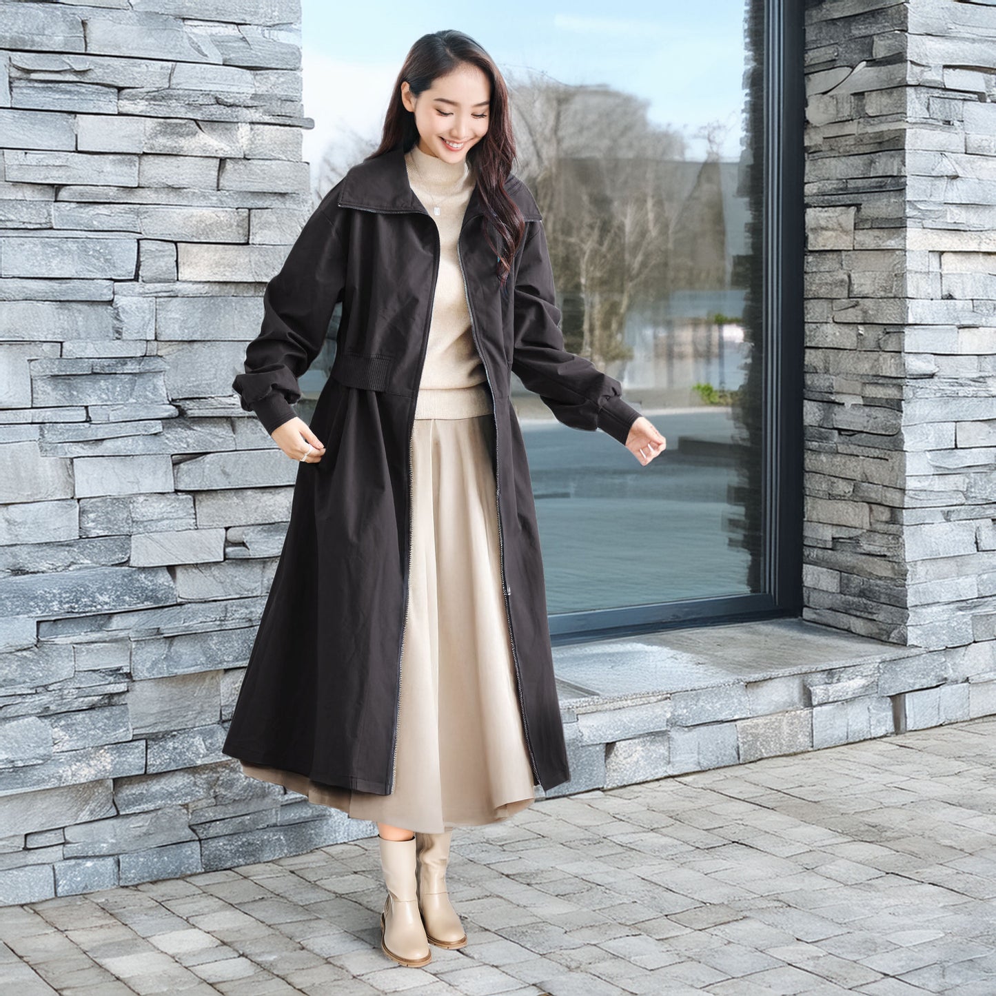 ウエストリブ切替フロントジップライトロングコート M〜L 4カラー