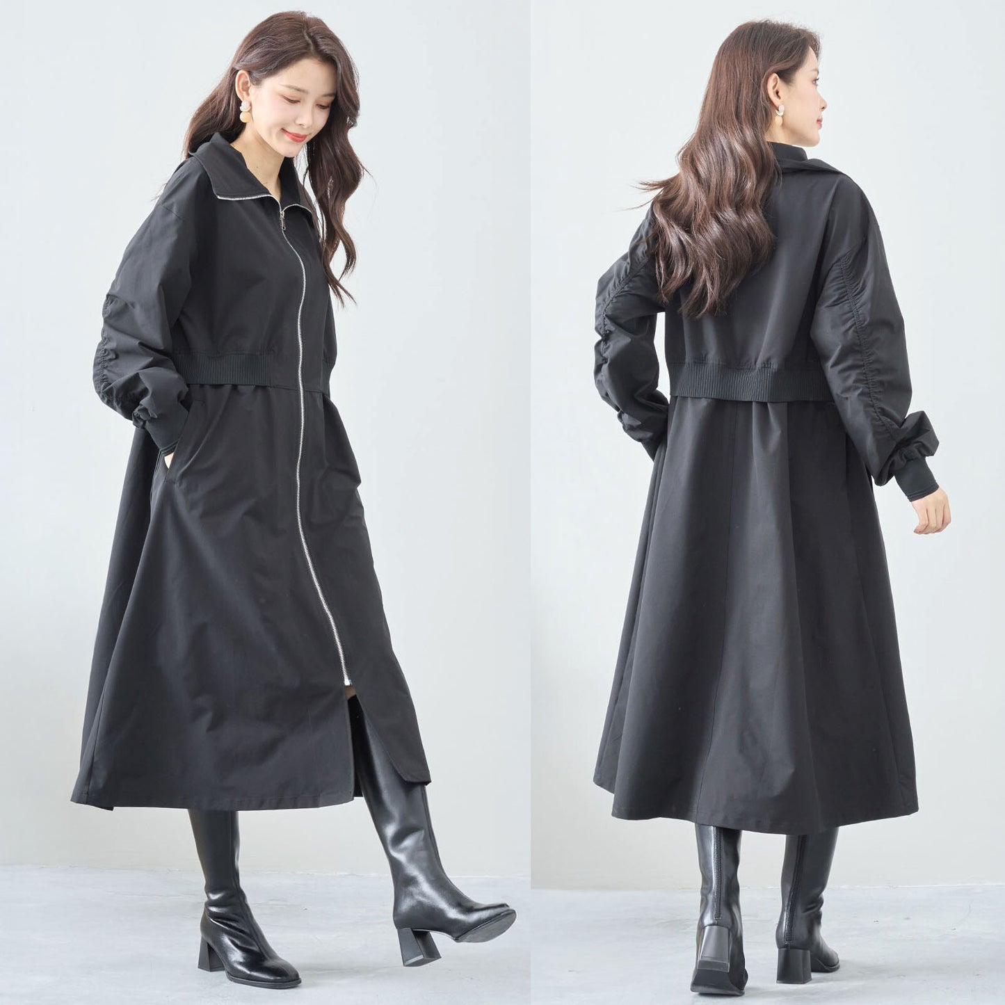 ウエストリブ切替フロントジップライトロングコート M〜L 4カラー