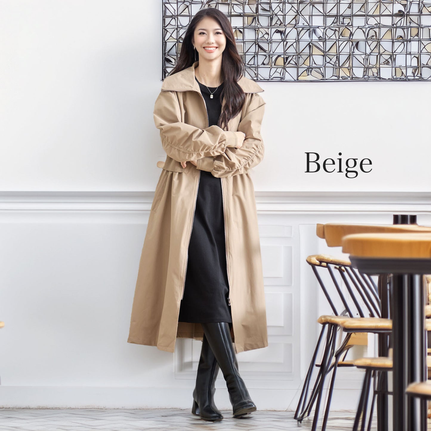 ウエストリブ切替フロントジップライトロングコート M〜L 4カラー