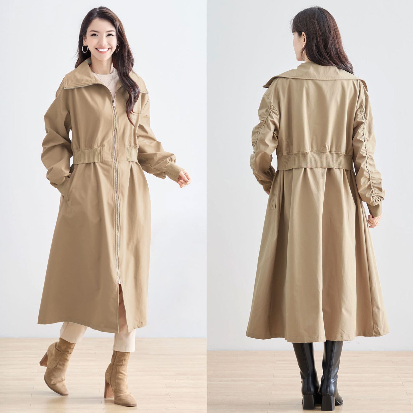 ウエストリブ切替フロントジップライトロングコート M〜L 4カラー