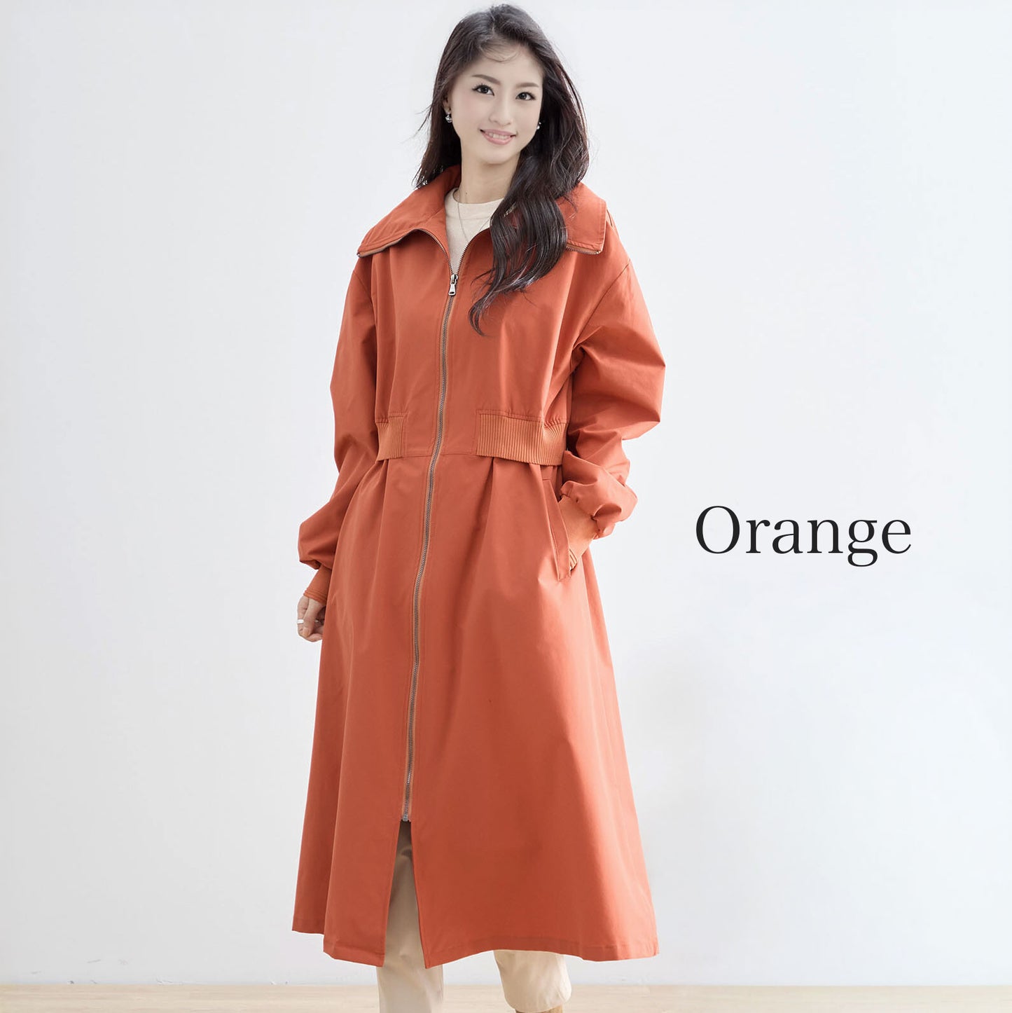 ウエストリブ切替フロントジップライトロングコート M〜L 4カラー