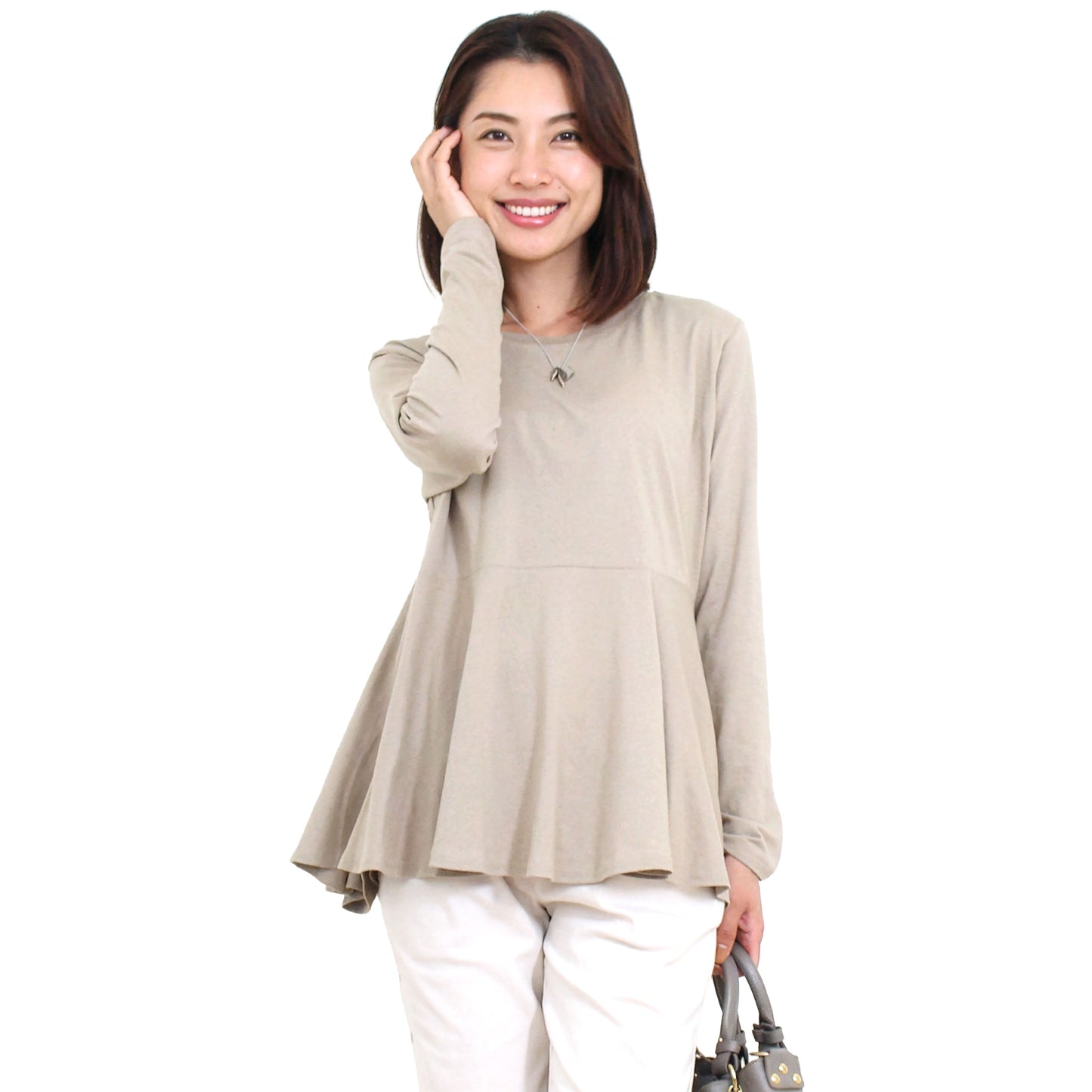 ラウンドネック長袖すそフリルフレアーカットソー 5カラー M～L
