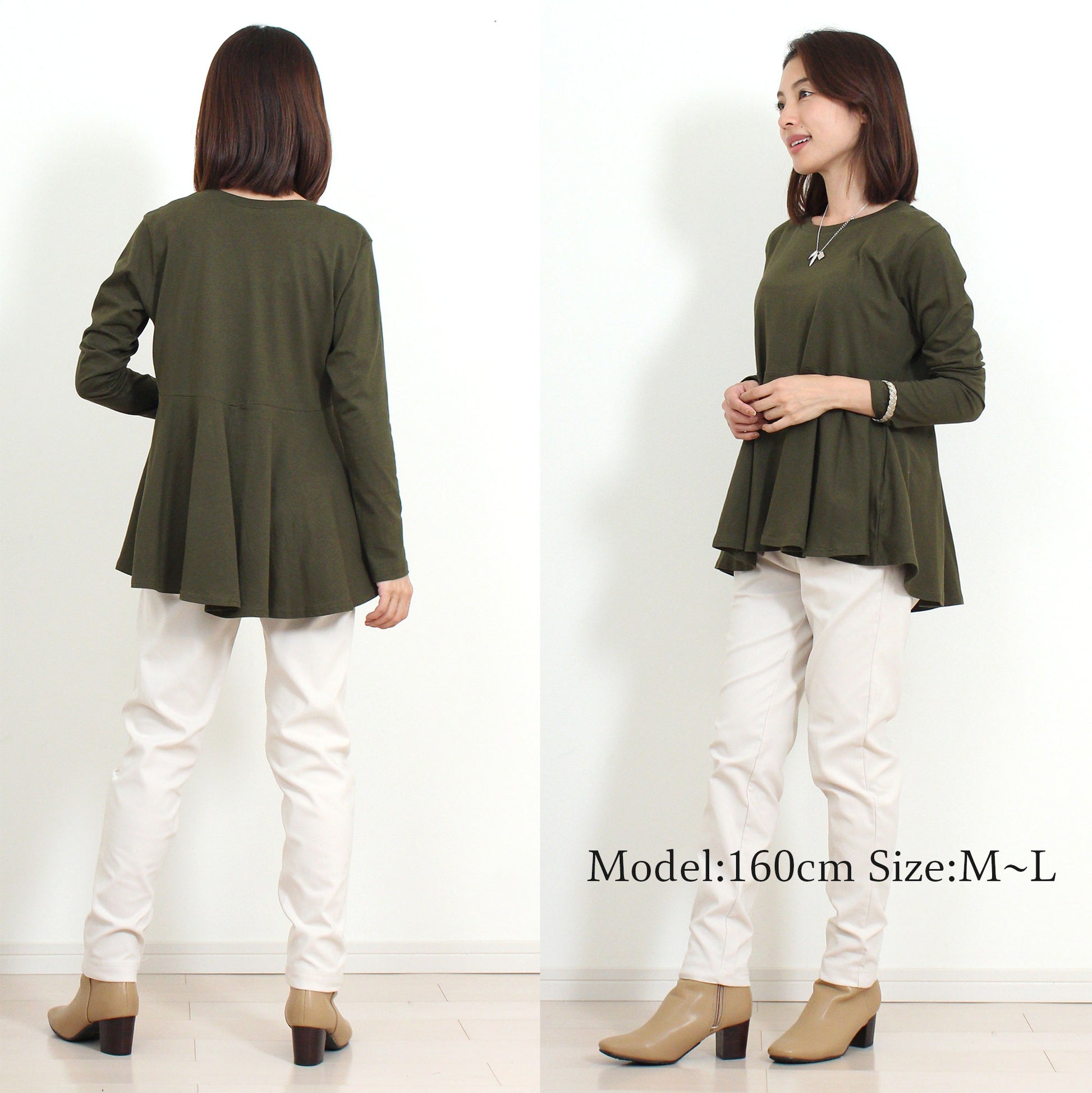 ラウンドネック長袖すそフリルフレアーカットソー 5カラー M～L 6
