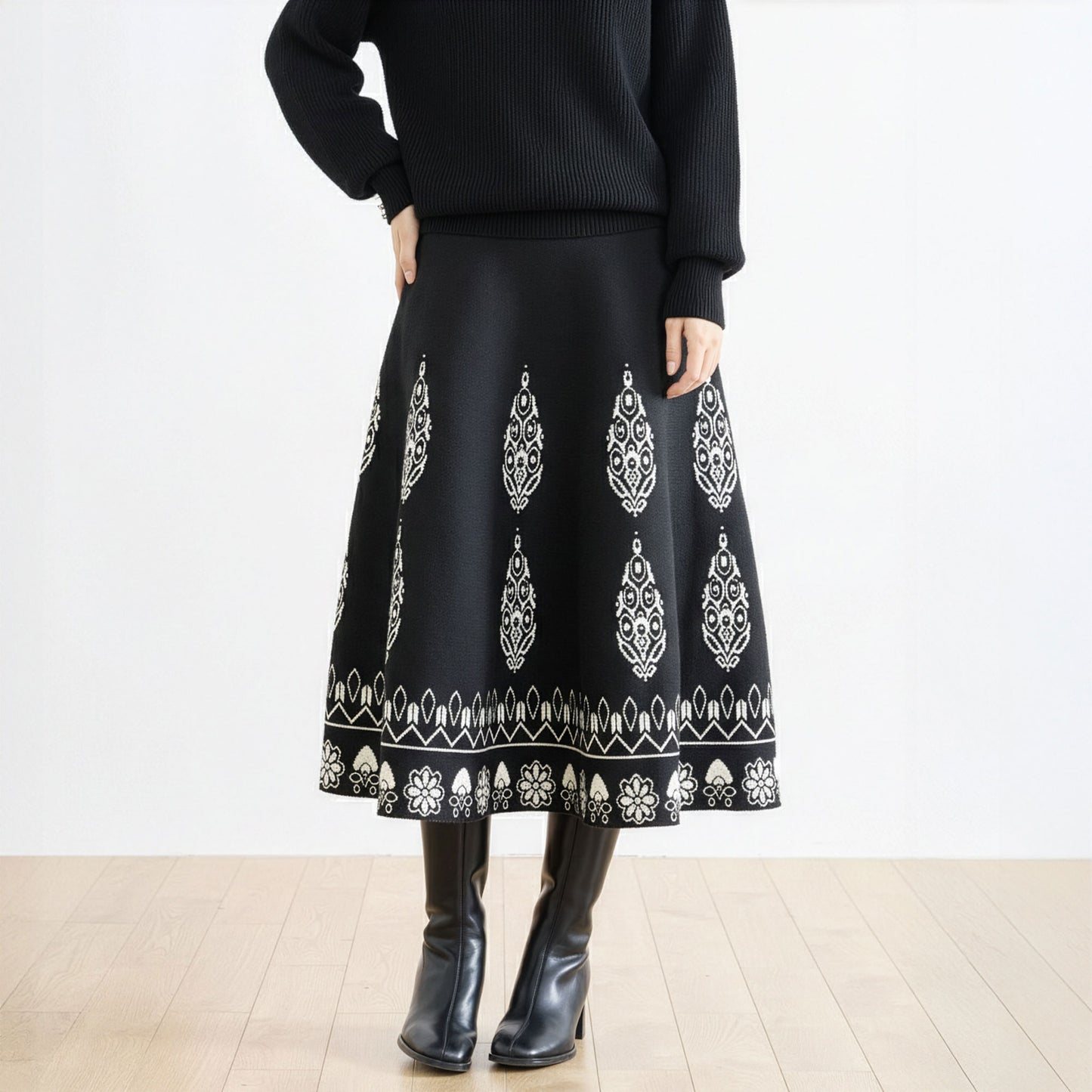 ダマスク柄ミモレ丈ニットスカート M〜L