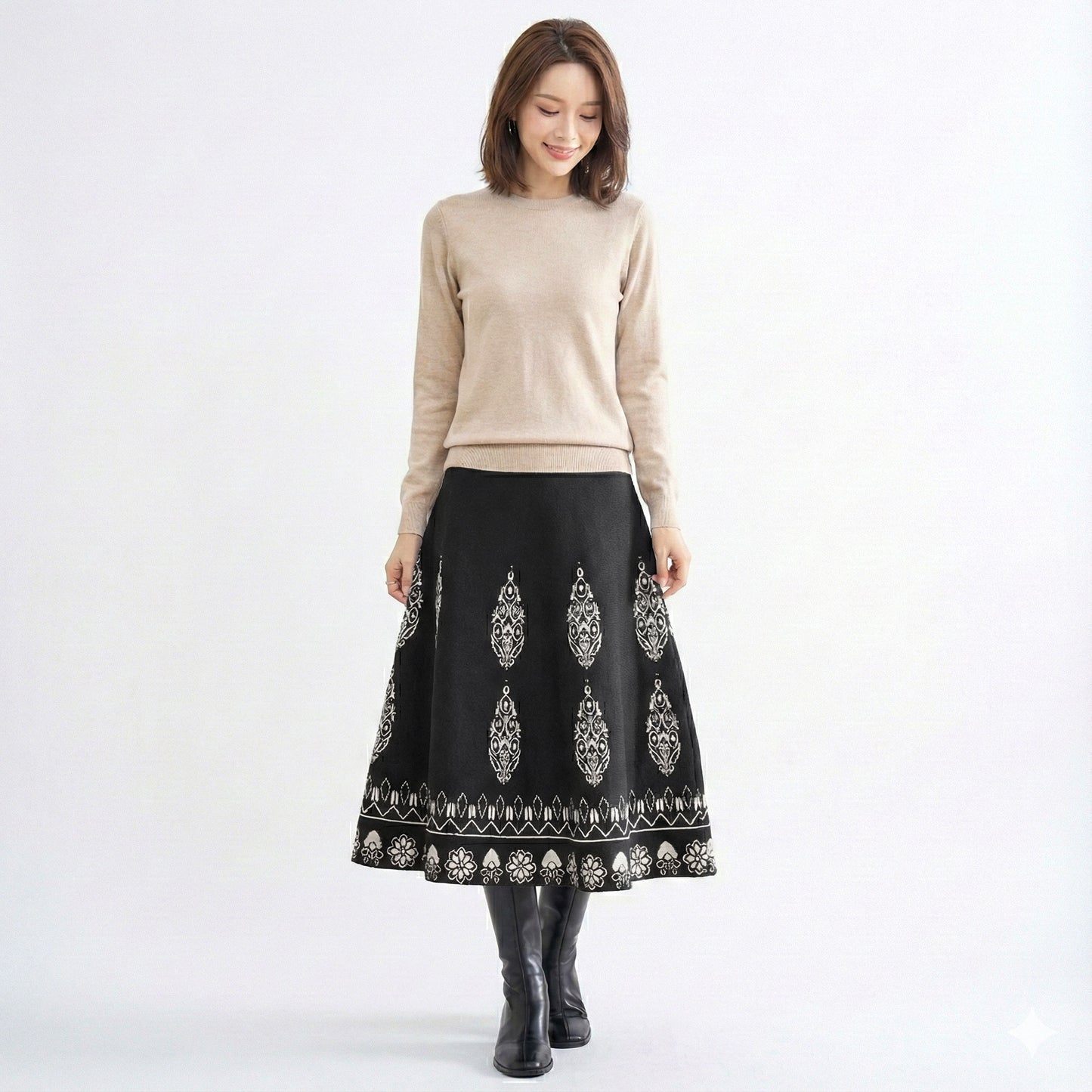 ダマスク柄ミモレ丈ニットスカート M〜L
