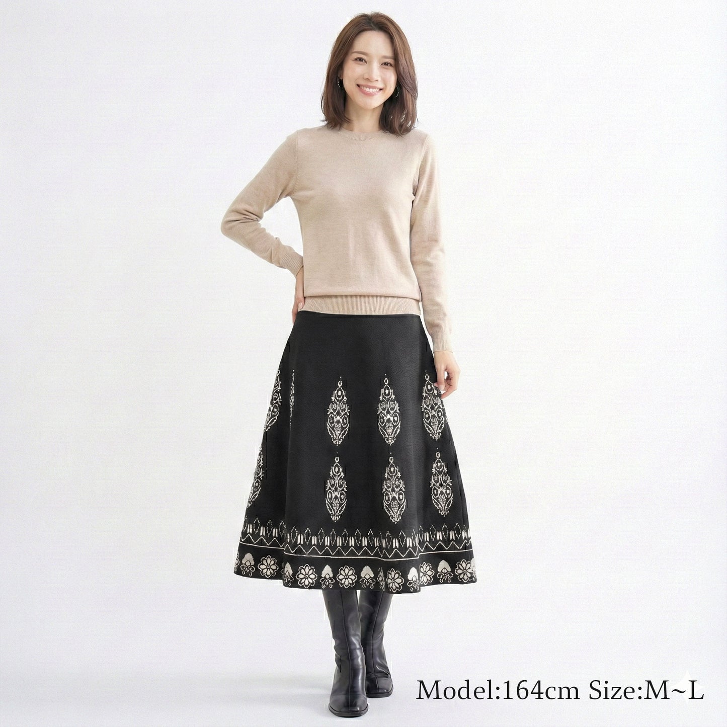 ダマスク柄ミモレ丈ニットスカート M〜L