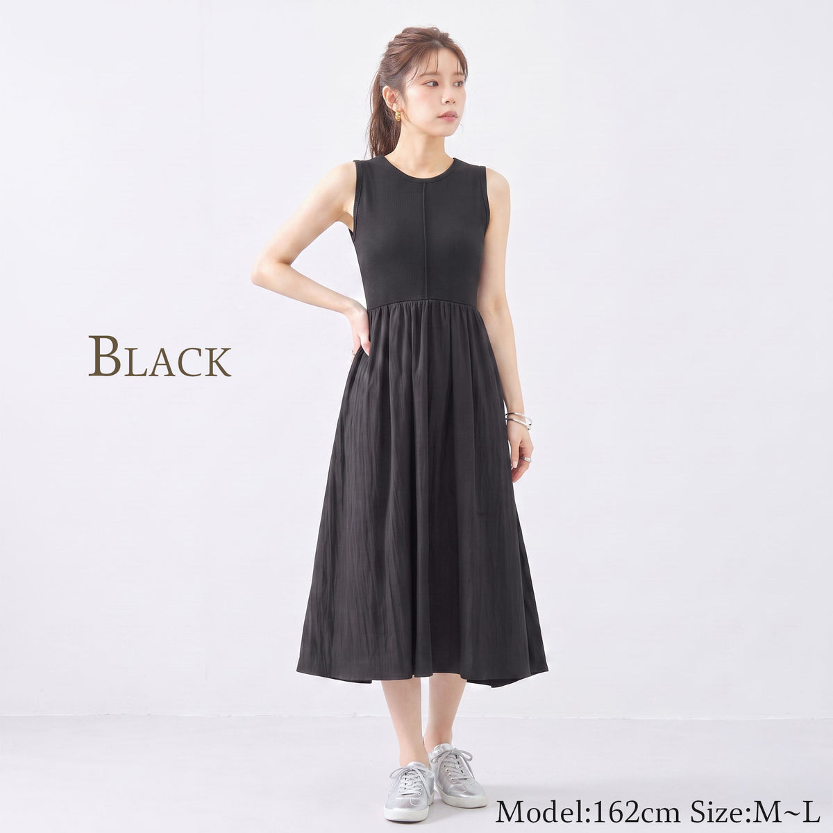 異素材切り替えミモレ丈フレアーワンピース 2カラー M～L 9