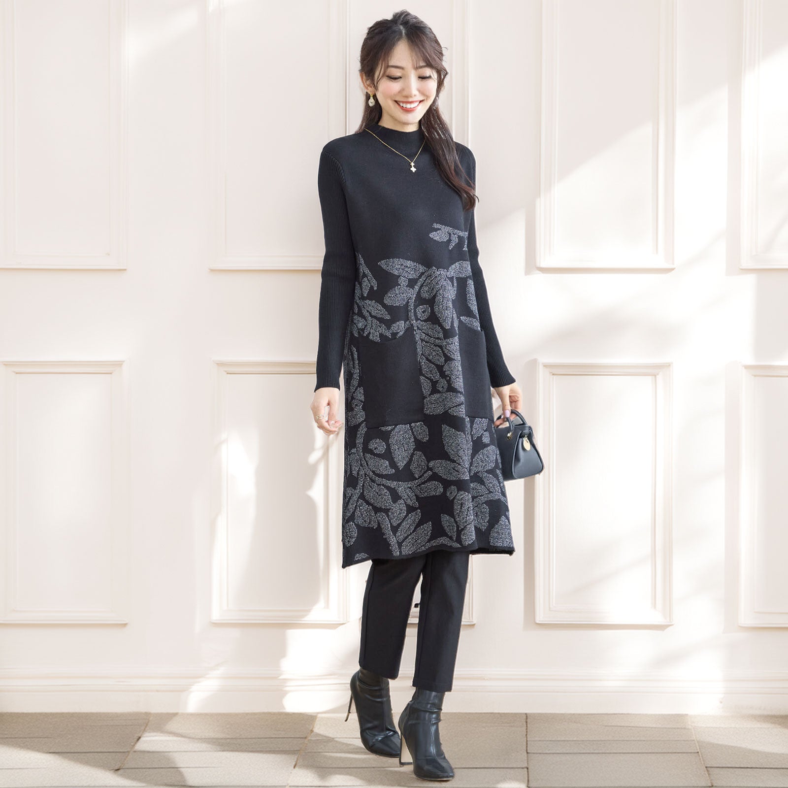 上品 ラメ刺繍 リーフ柄 ニット チュニック ワンピース Aライン