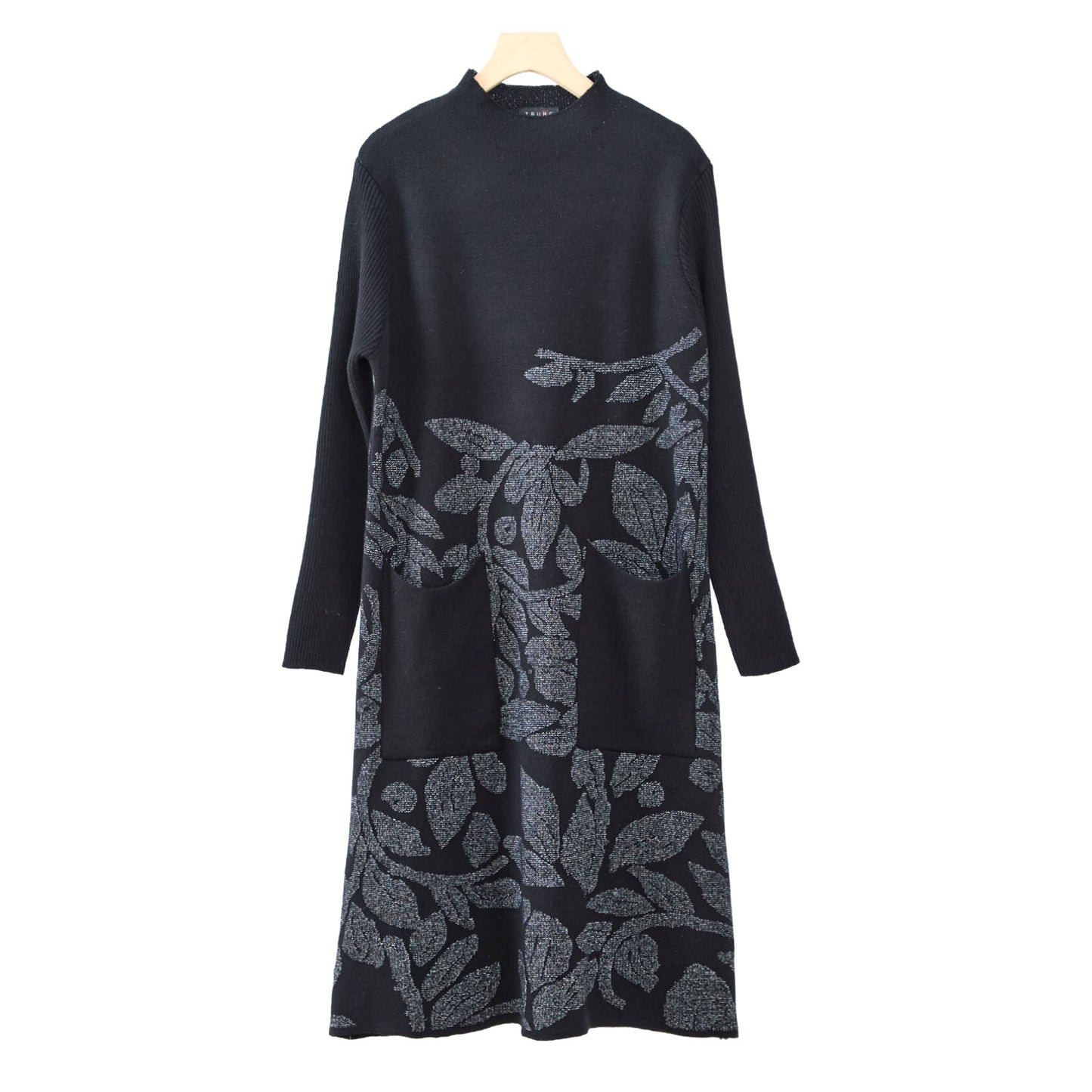 ラメ刺繍リーフ柄Aラインニットチュニックワンピース M〜L ブラック