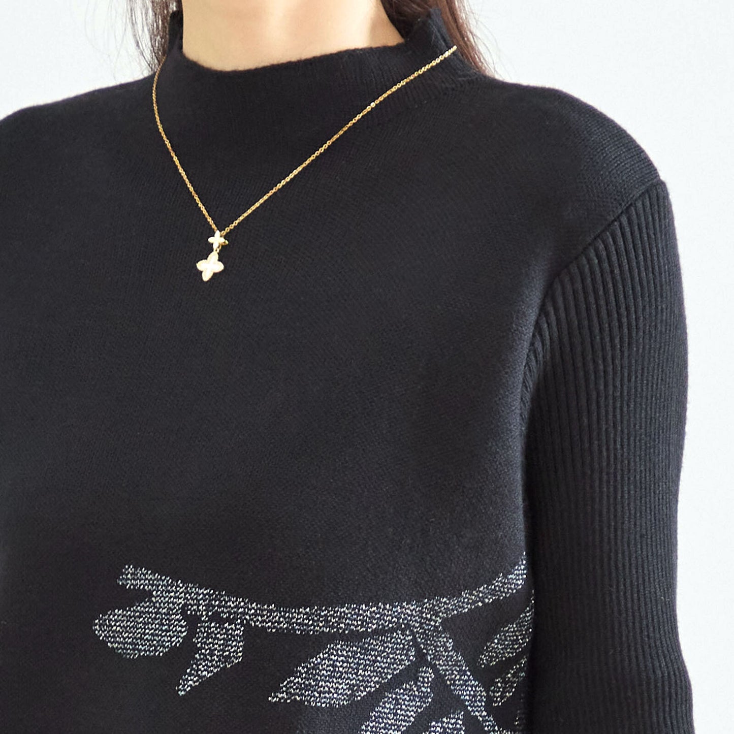 ラメ刺繍リーフ柄Aラインニットチュニックワンピース M〜L ブラック