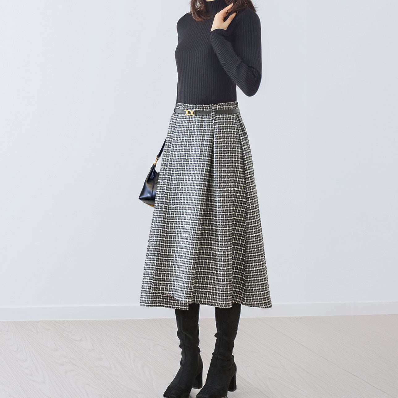ベルト付きグレンチェックツイードラップ風Aラインタックスカート 2カラー M〜L