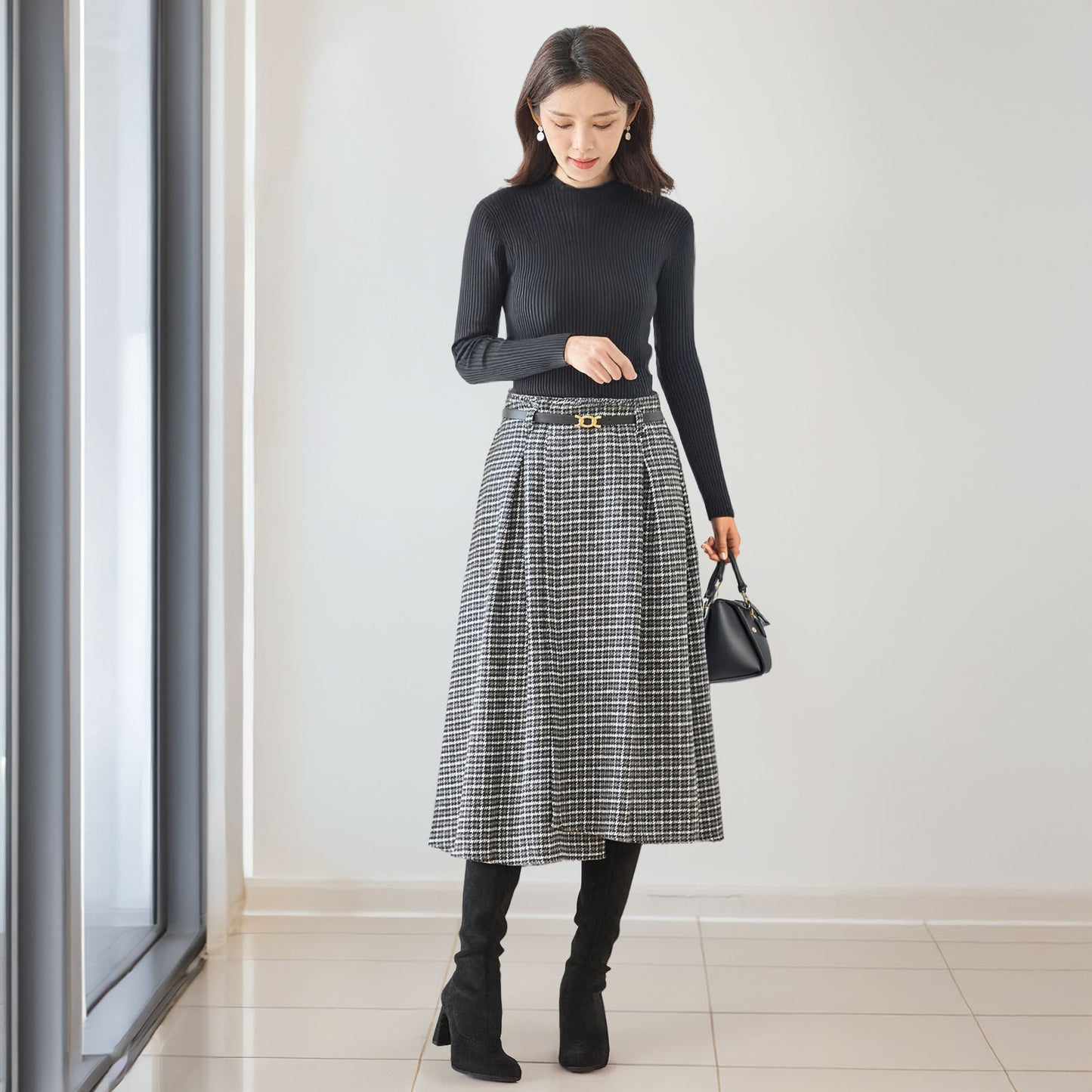 ベルト付きグレンチェックツイードラップ風Aラインタックスカート 2カラー M〜L