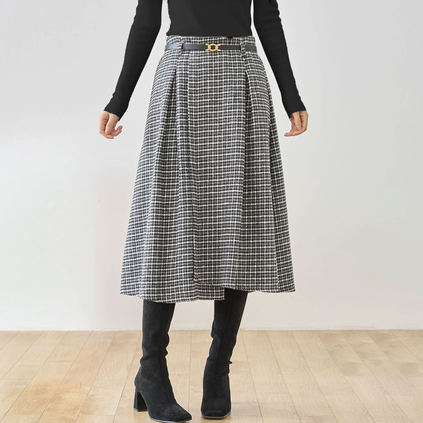 ベルト付きグレンチェックツイードラップ風Aラインタックスカート 2カラー M〜L