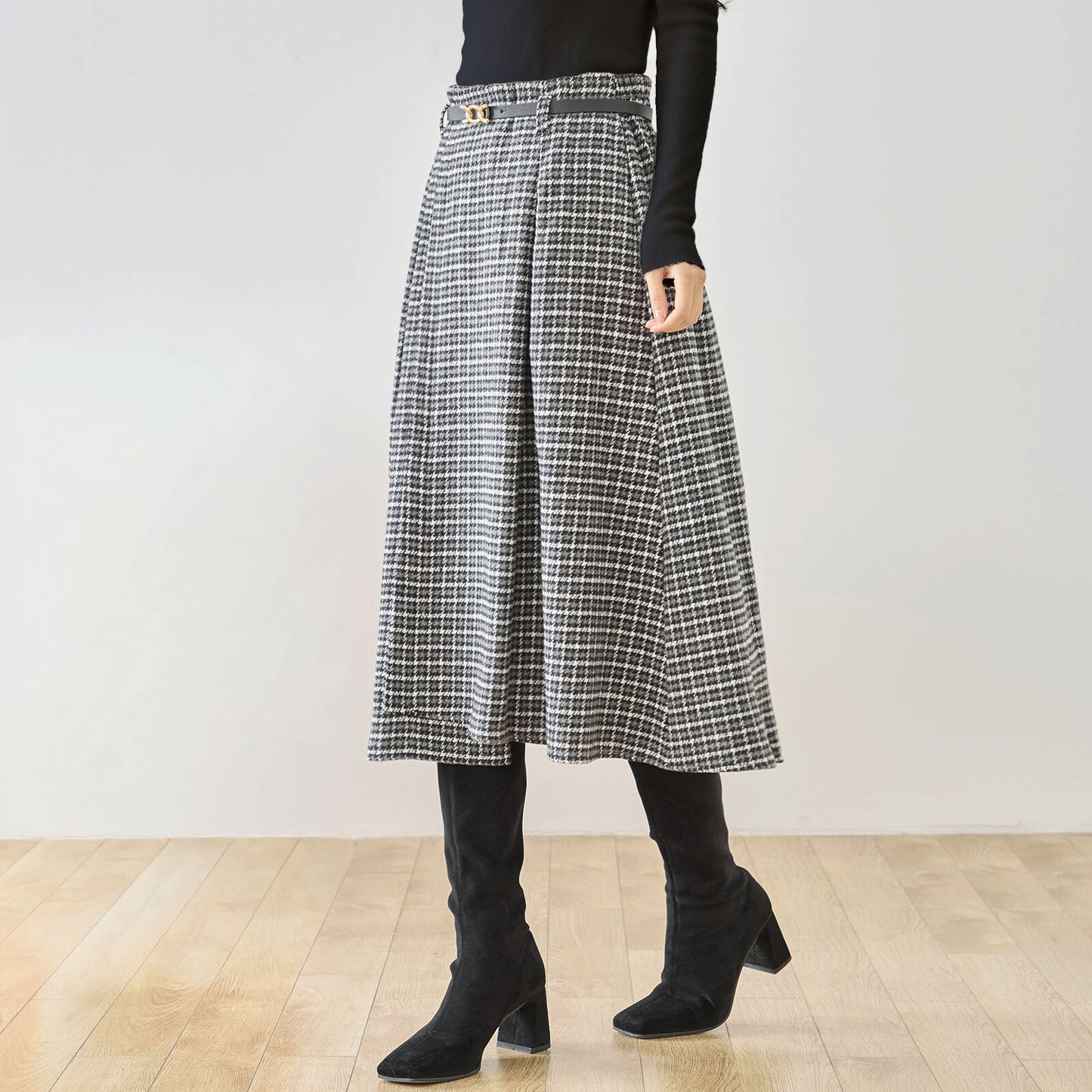 ベルト付きグレンチェックツイードラップ風Aラインタックスカート 2カラー M〜L
