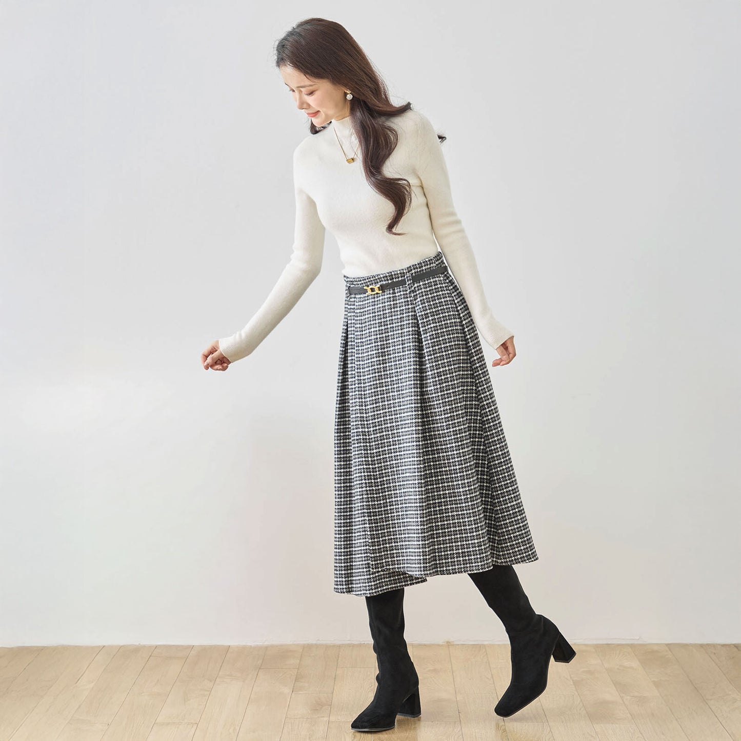 ベルト付きグレンチェックツイードラップ風Aラインタックスカート 2カラー M〜L