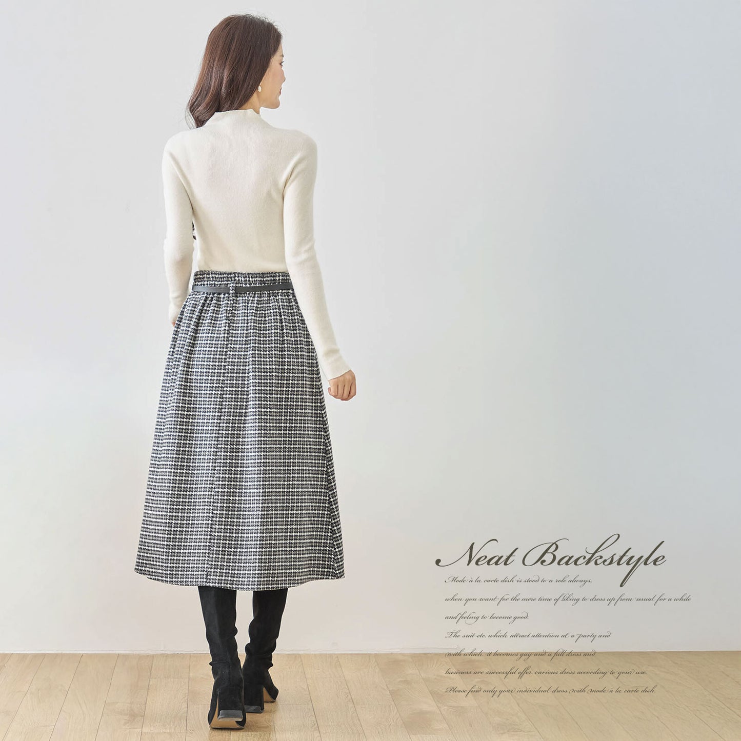 ベルト付きグレンチェックツイードラップ風Aラインタックスカート 2カラー M〜L