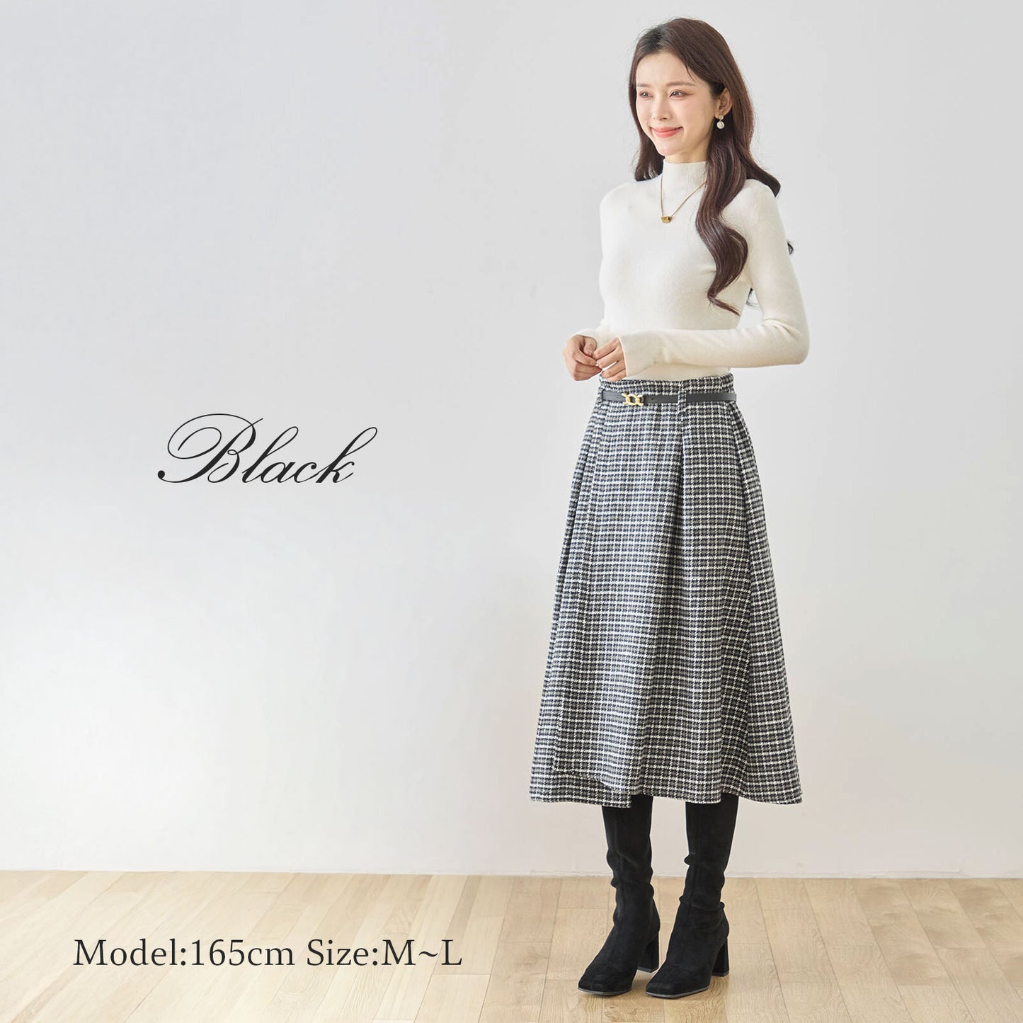 ベルト付きグレンチェックツイードラップ風Aラインタックスカート 2カラー M〜L