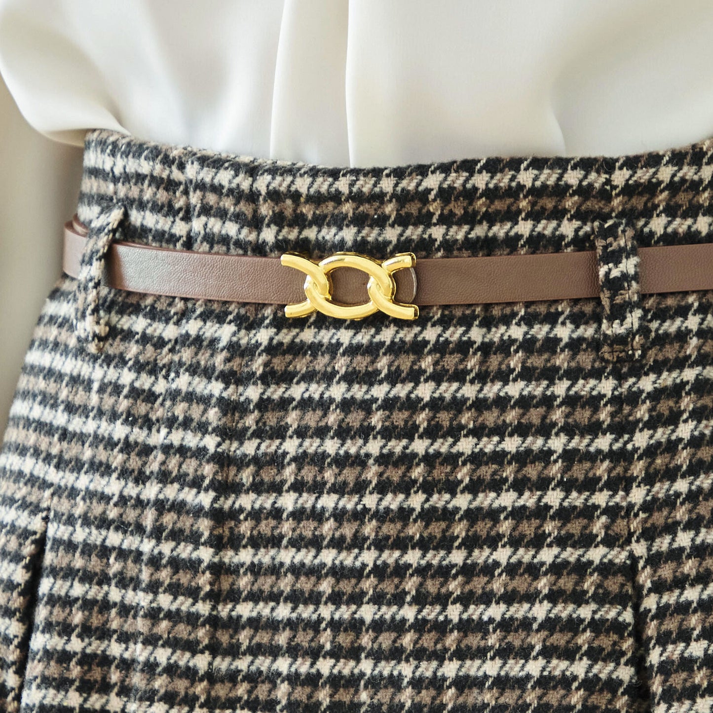 ベルト付きグレンチェックツイードラップ風Aラインタックスカート 2カラー M〜L