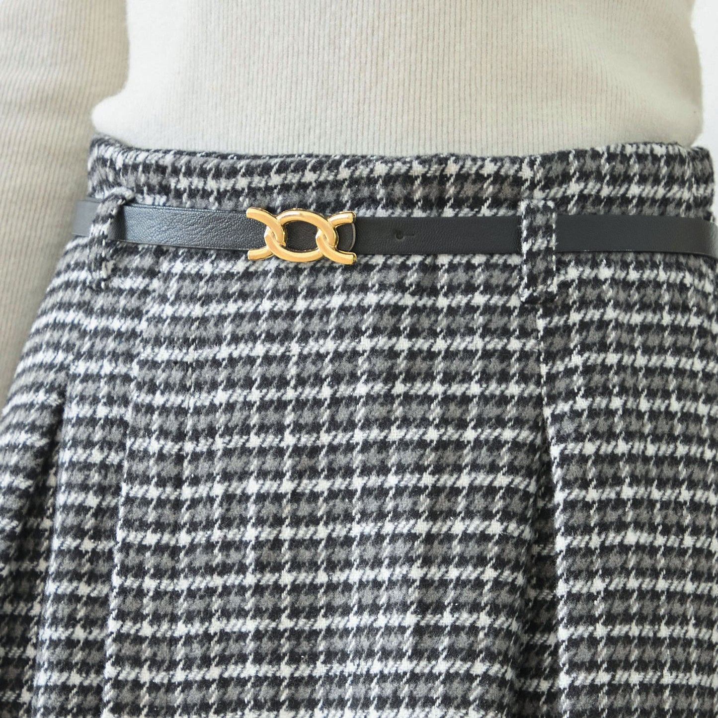 ベルト付きグレンチェックツイードラップ風Aラインタックスカート 2カラー M〜L