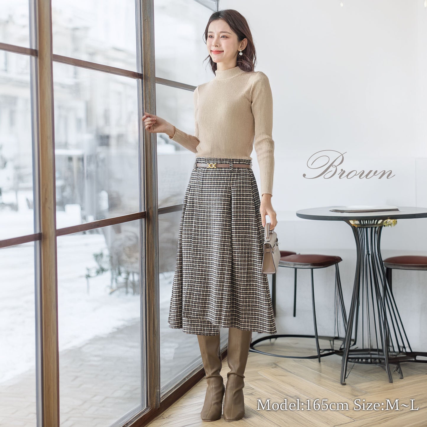 ベルト付きグレンチェックツイードラップ風Aラインタックスカート 2カラー M〜L