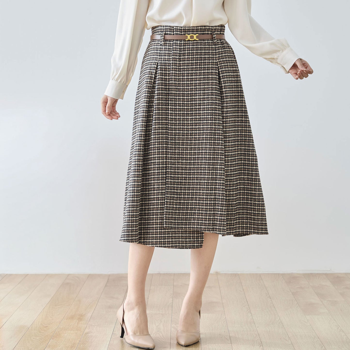 ベルト付きグレンチェックツイードラップ風Aラインタックスカート 2カラー M〜L