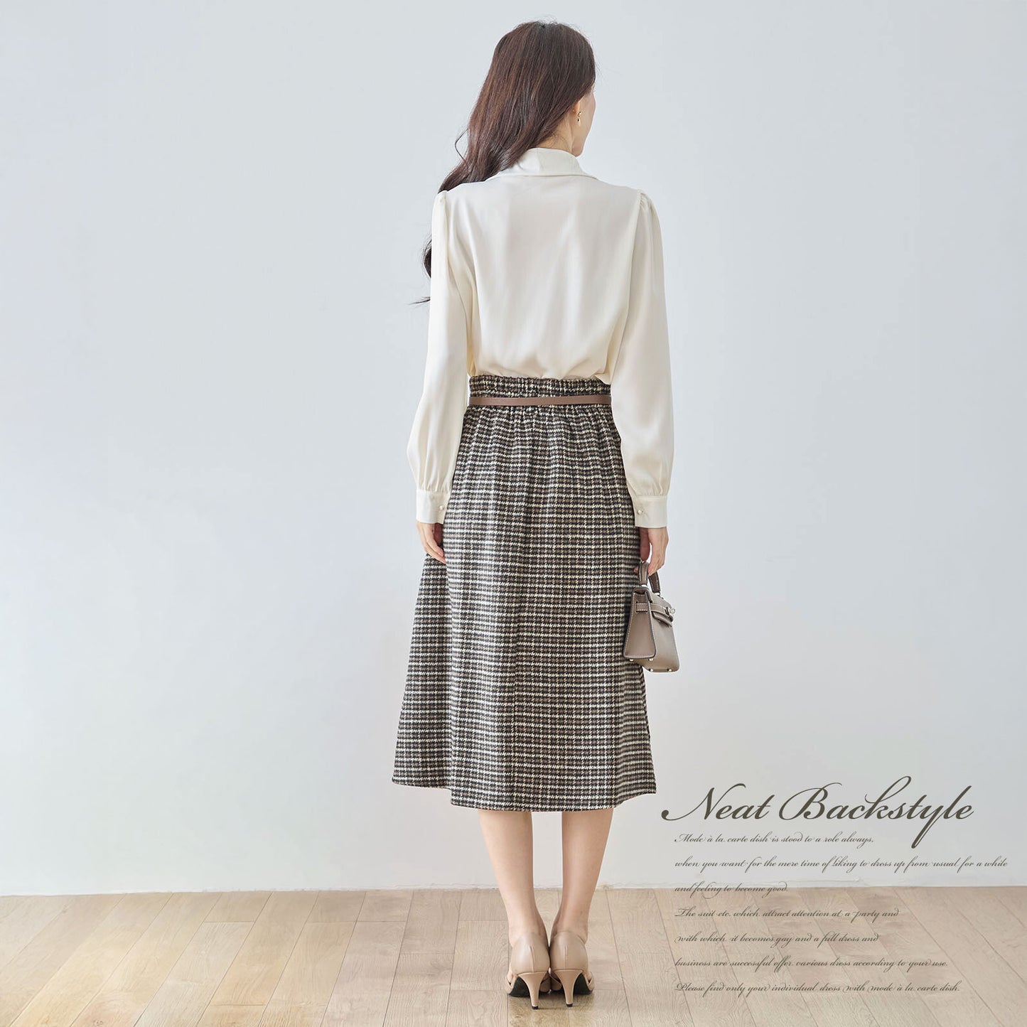 ベルト付きグレンチェックツイードラップ風Aラインタックスカート 2カラー M〜L