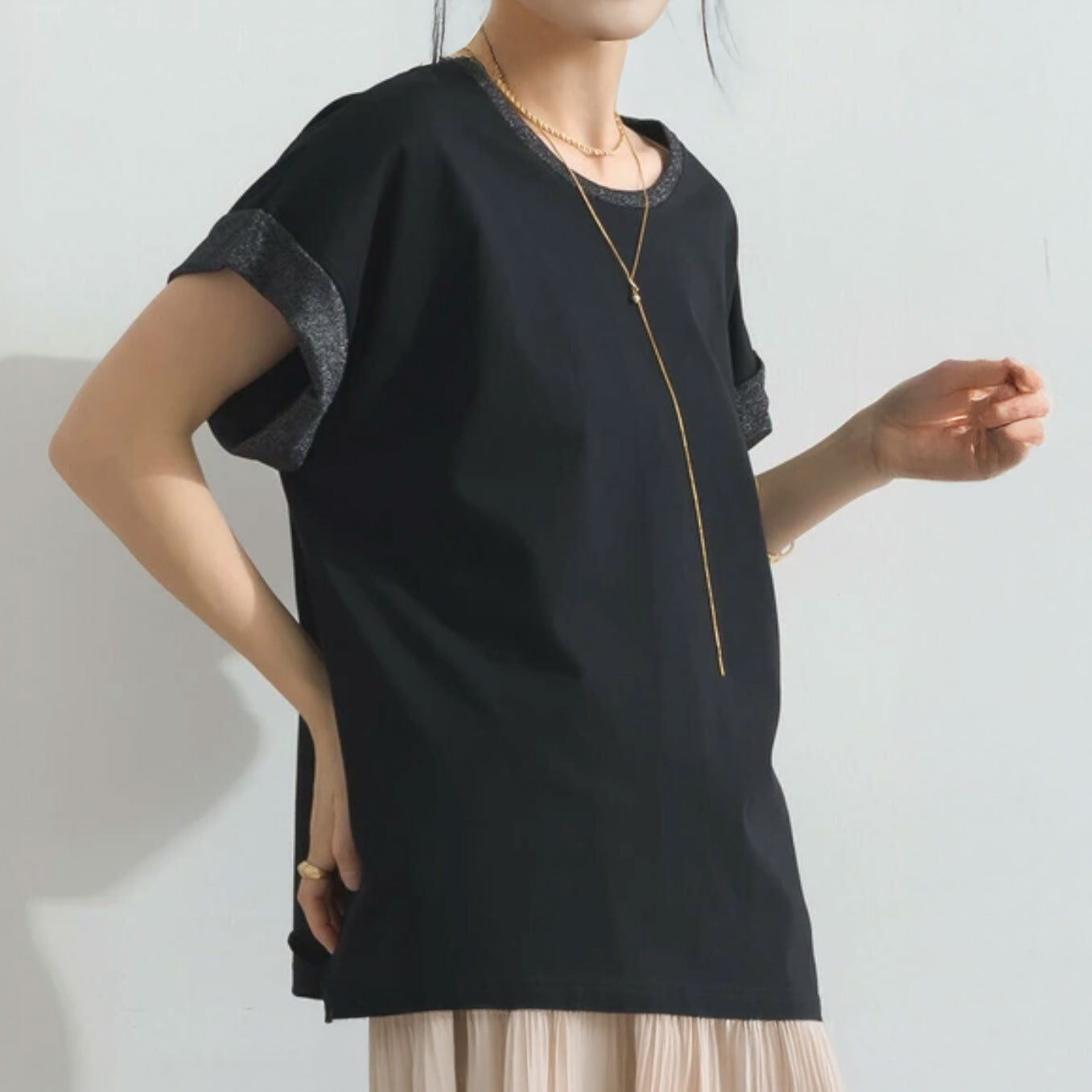 綿天竺×ラメ天竺 フレンチスリーブ オーバーサイズTシャツ F 3カラー