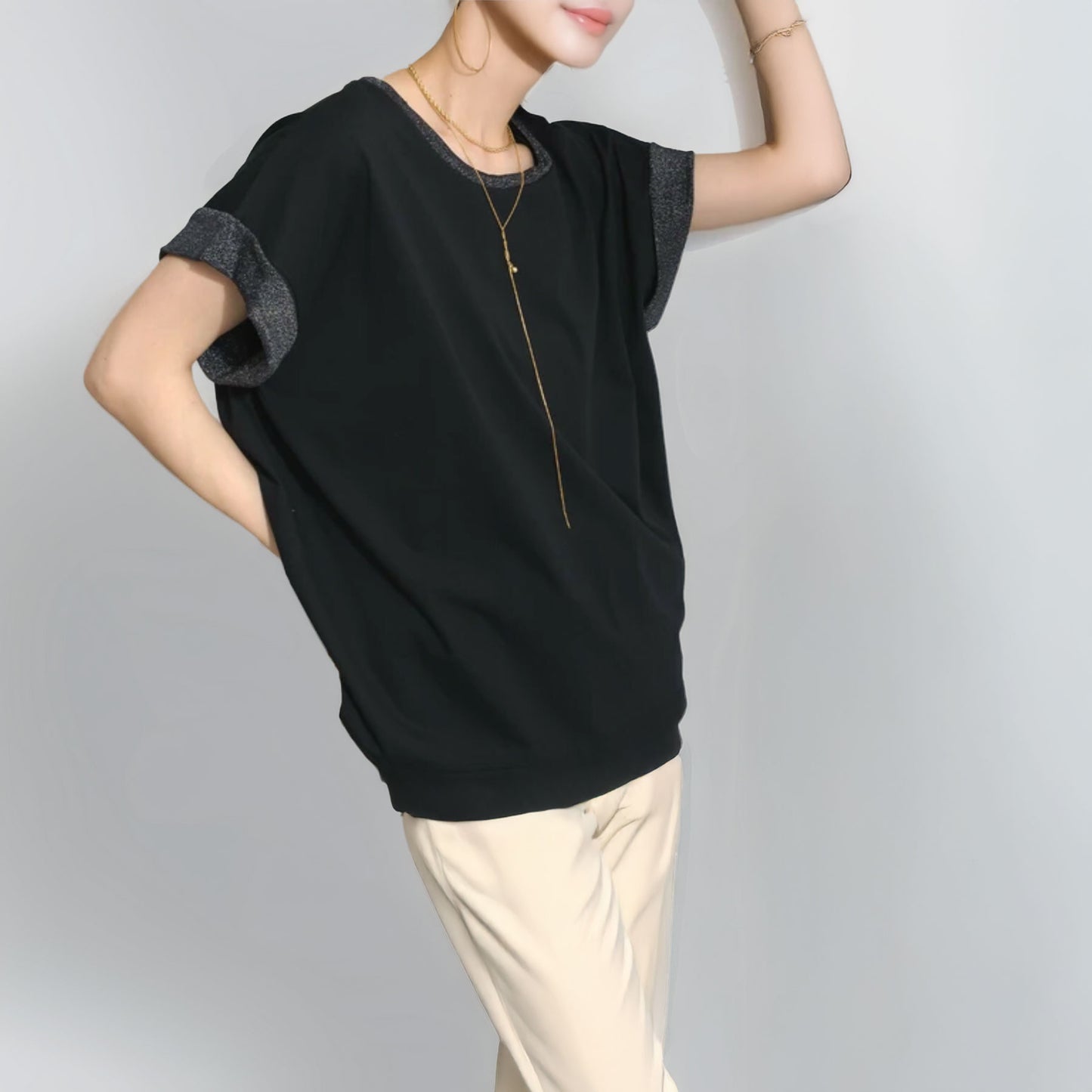 綿天竺×ラメ天竺 フレンチスリーブ オーバーサイズTシャツ F 3カラー