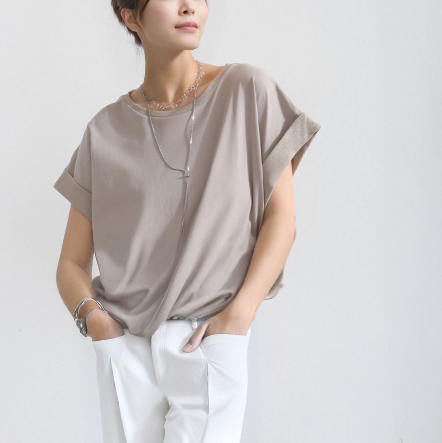 綿天竺×ラメ天竺 フレンチスリーブ オーバーサイズTシャツ F 3カラー