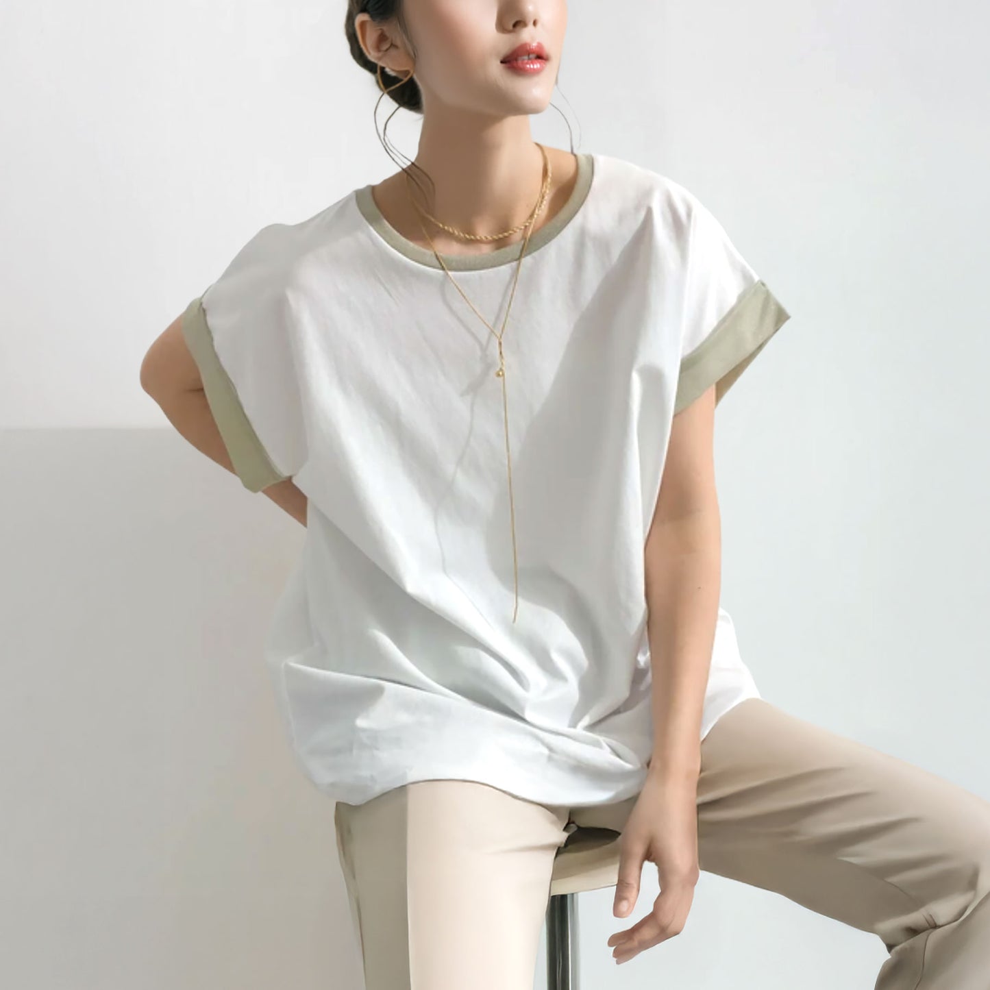 綿天竺×ラメ天竺 フレンチスリーブ オーバーサイズTシャツ F 3カラー