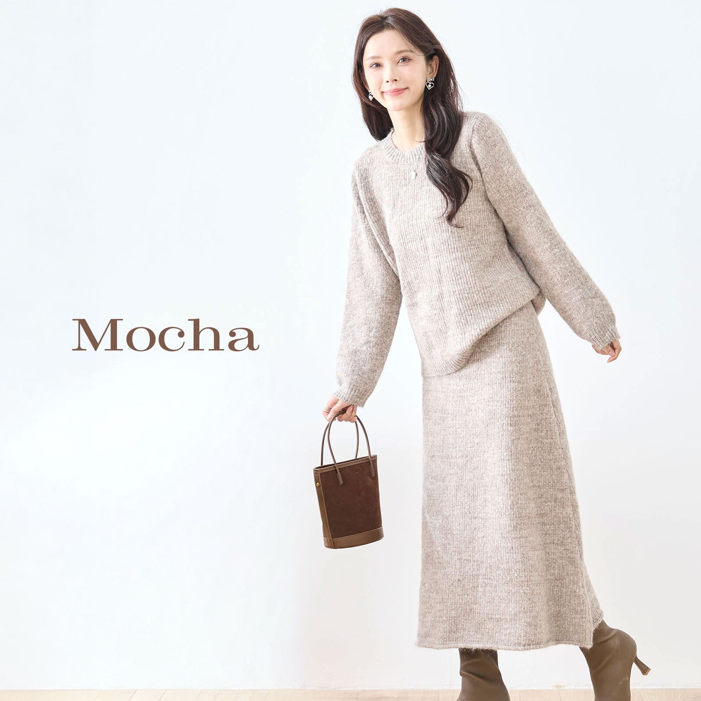 ラウンドネック長袖セーター＆Aラインロングスカートのニットセットアップ 3カラー