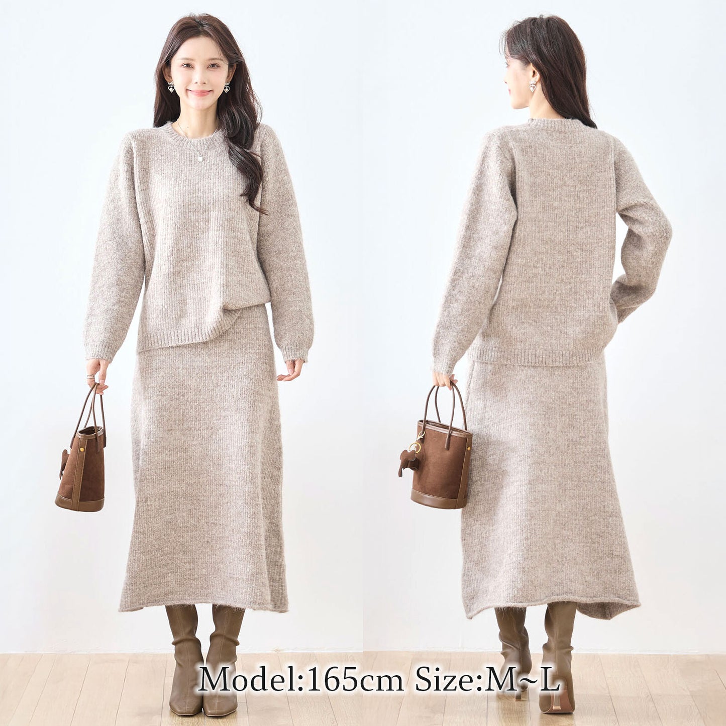 ラウンドネック長袖セーター＆Aラインロングスカートのニットセットアップ 3カラー