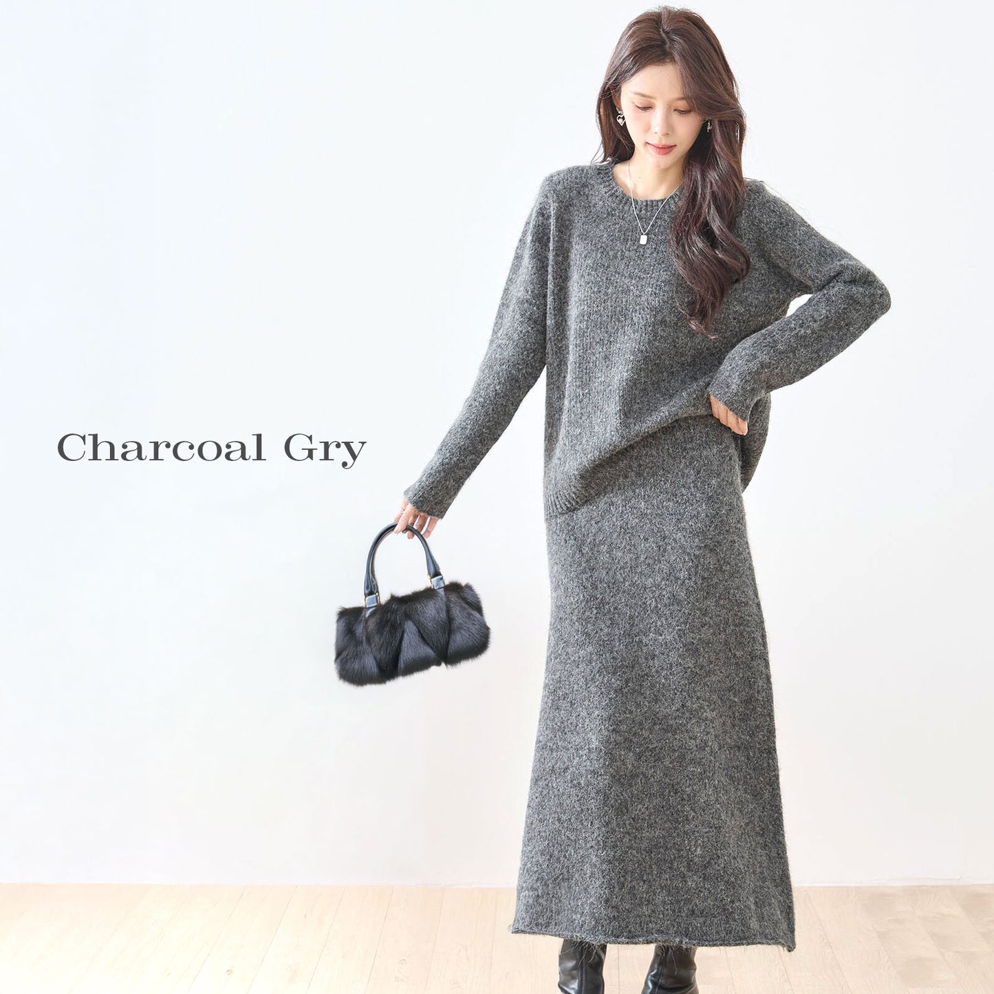 ラウンドネック長袖セーター＆Aラインロングスカートのニットセットアップ 3カラー