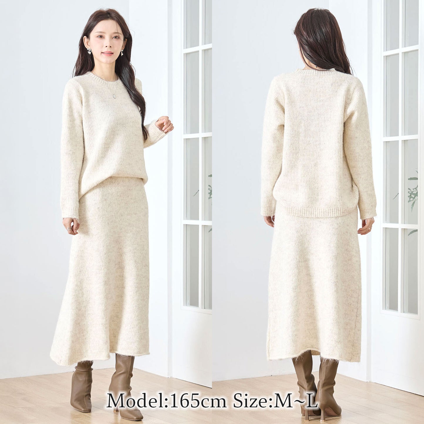 ラウンドネック長袖セーター＆Aラインロングスカートのニットセットアップ 3カラー