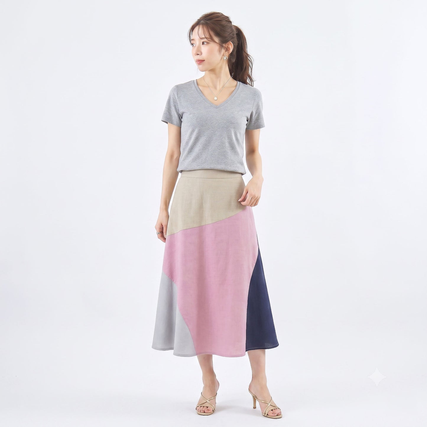 麻調素材 配色切り替え フレアロングスカート フリー（M～L相当） 9