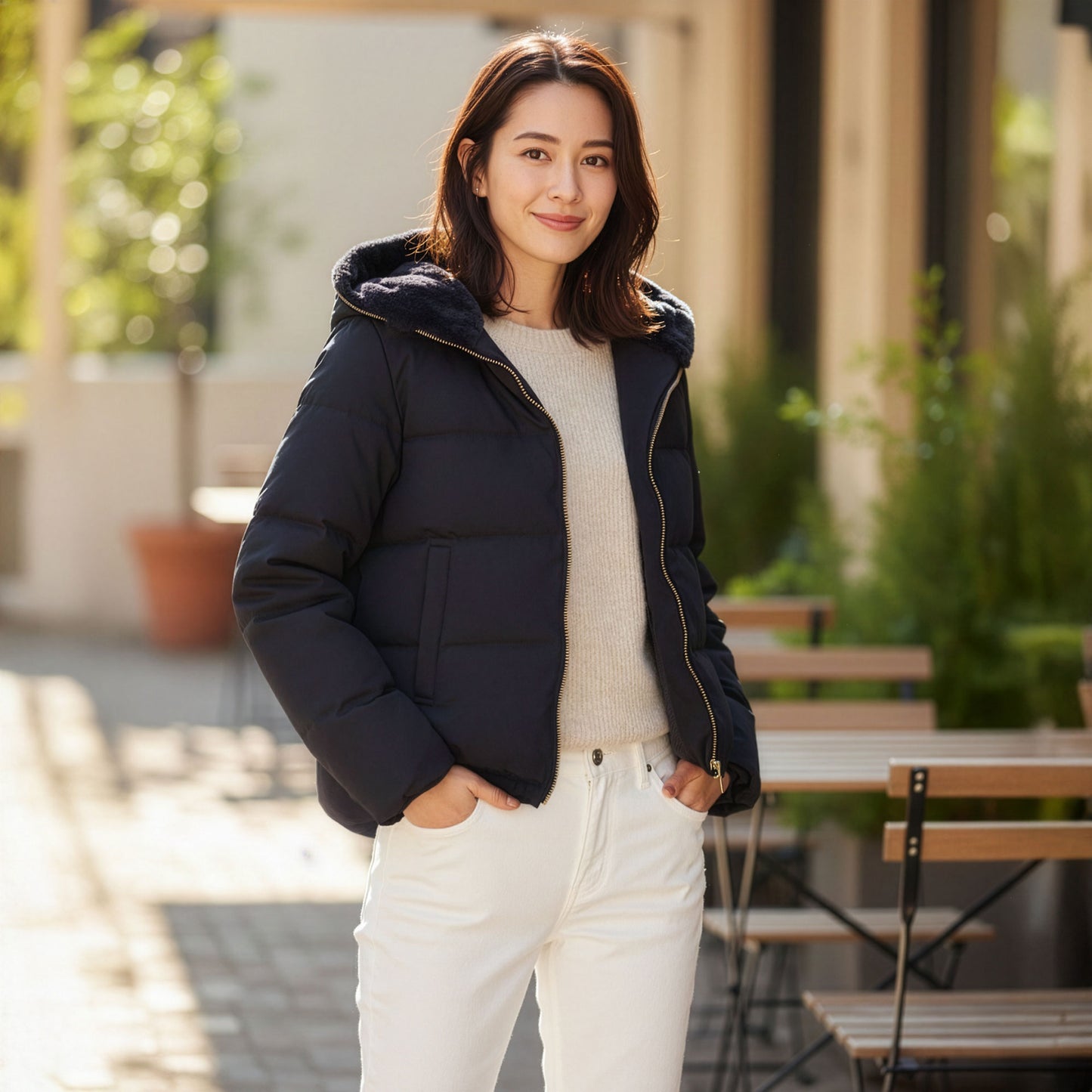 ファーフード付きショート丈ダウンジャケット 2カラー M