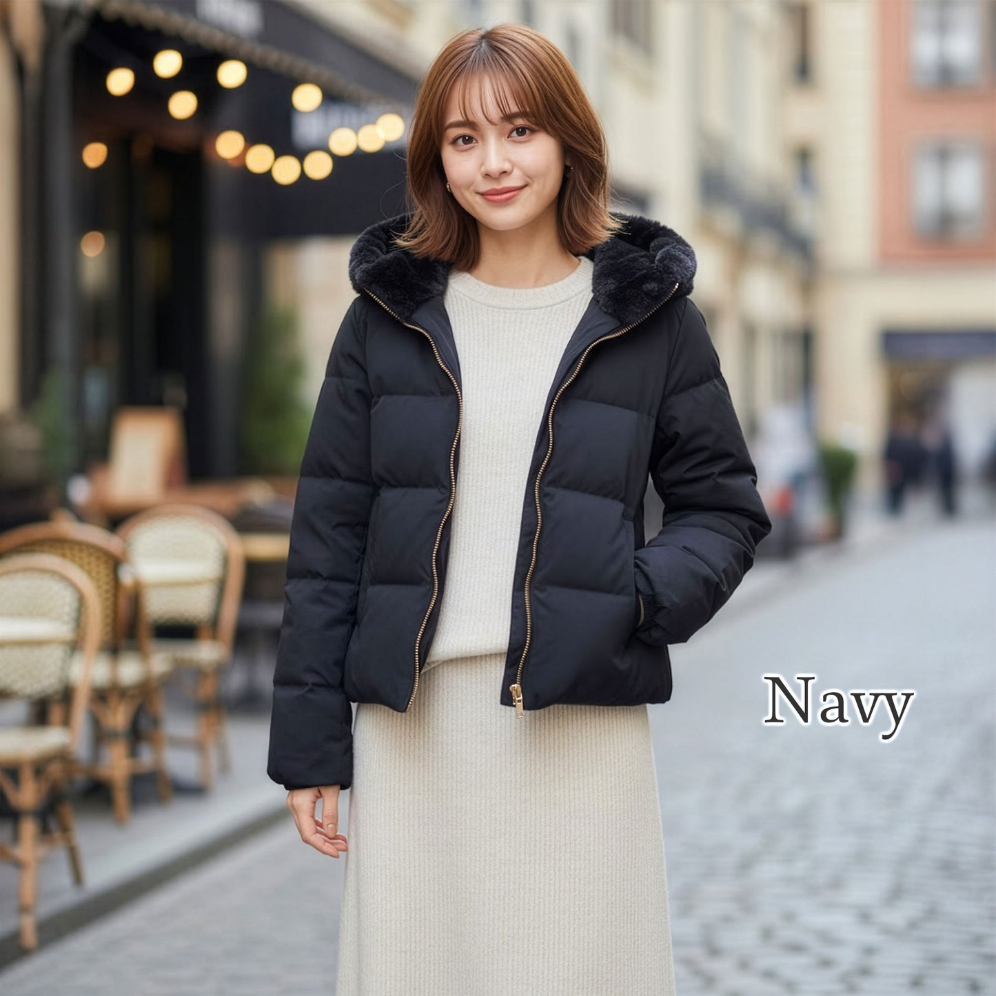 ファーフード付きショート丈ダウンジャケット 2カラー M