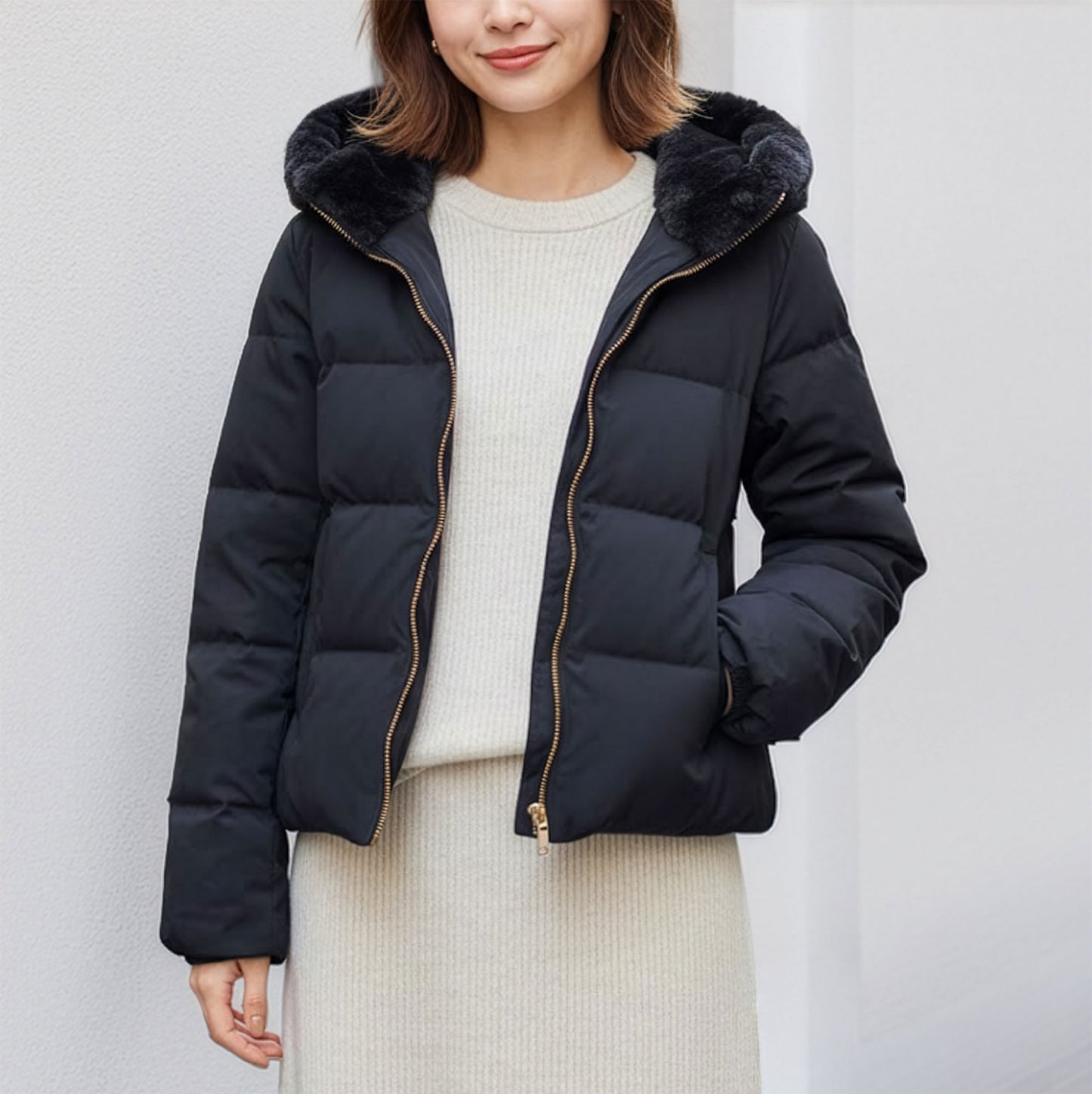 ファーフード付きショート丈ダウンジャケット 2カラー M