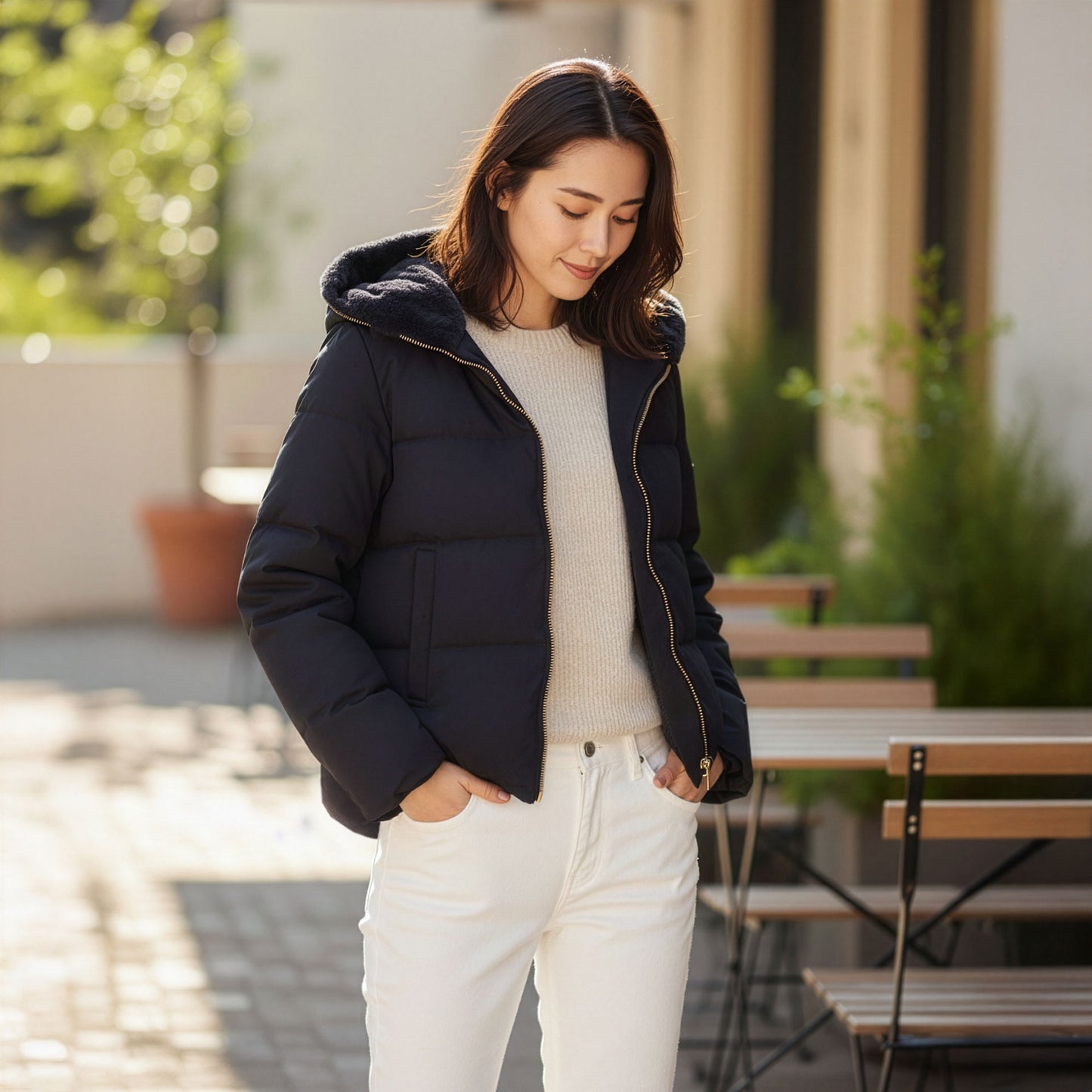 ファーフード付きショート丈ダウンジャケット 2カラー M