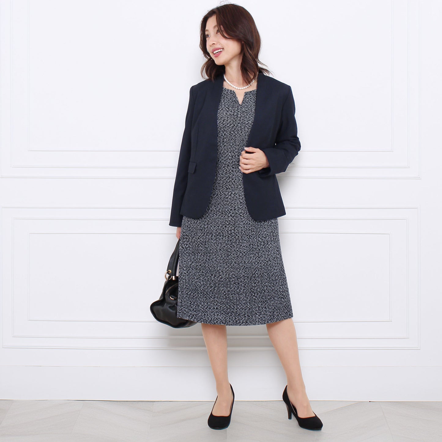 ワンピース レディース 秋 冬 きれいめ Aライン ツイード ニット 切替 膝下丈 フォーマル 大人 上品