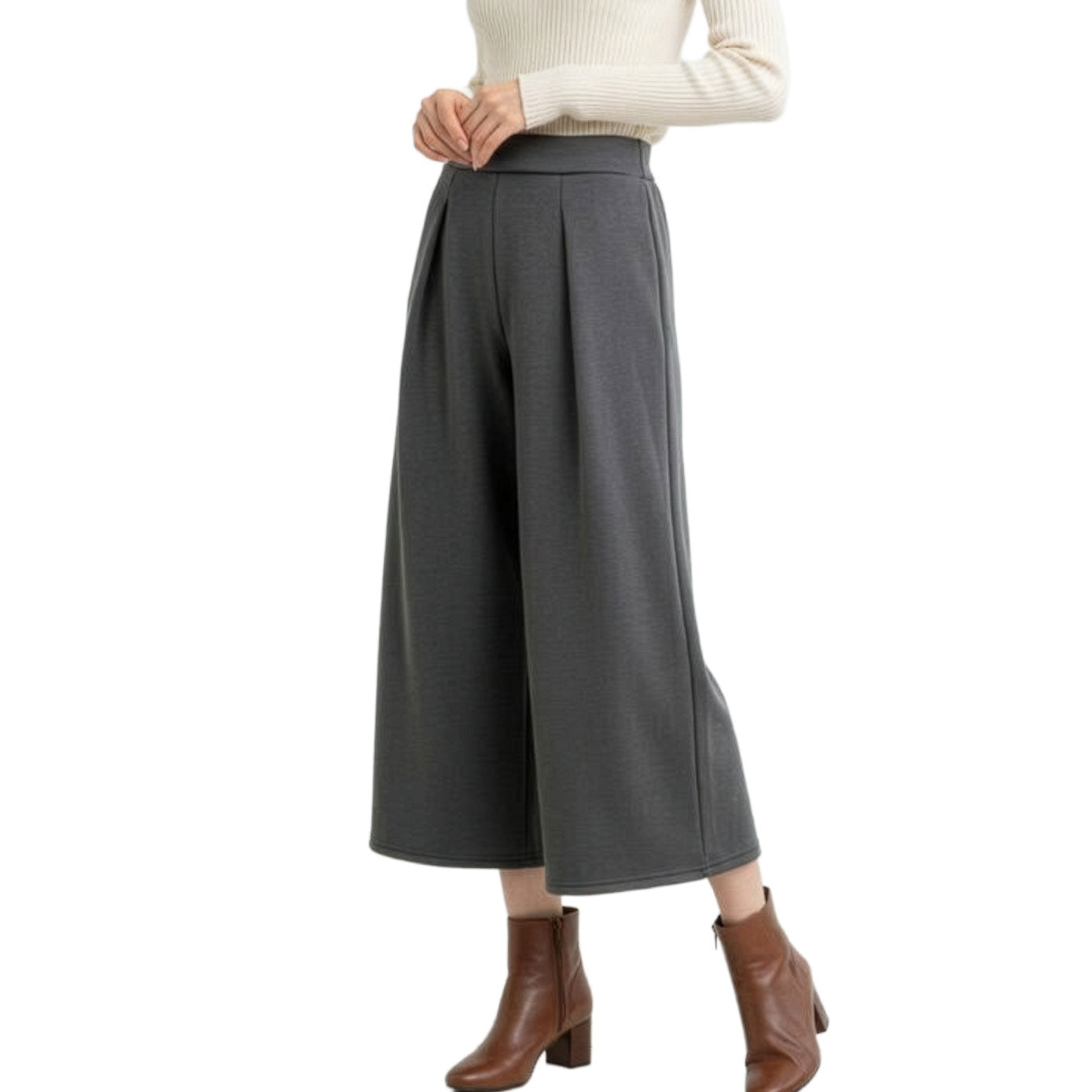 裏起毛ストレッチクロップド丈ワイドパンツ M、L、LL