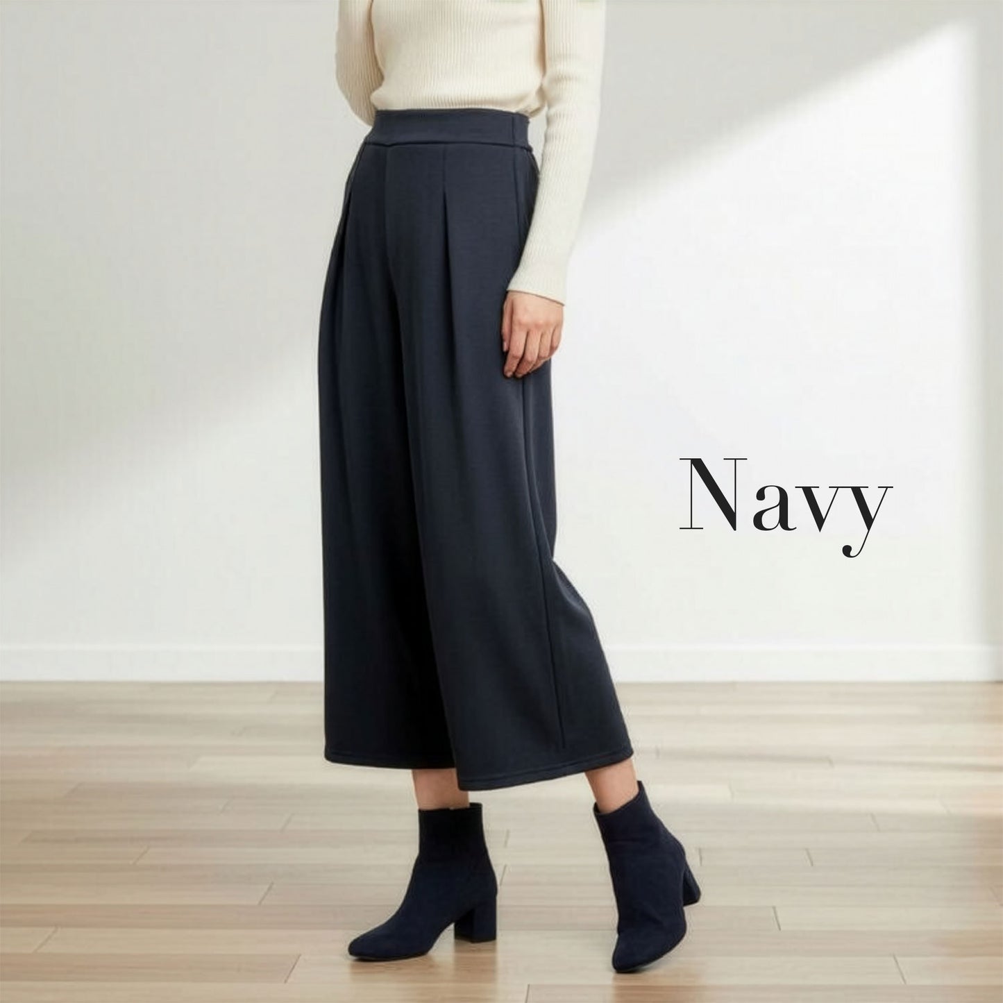 裏起毛ストレッチクロップド丈ワイドパンツ M、L、LL