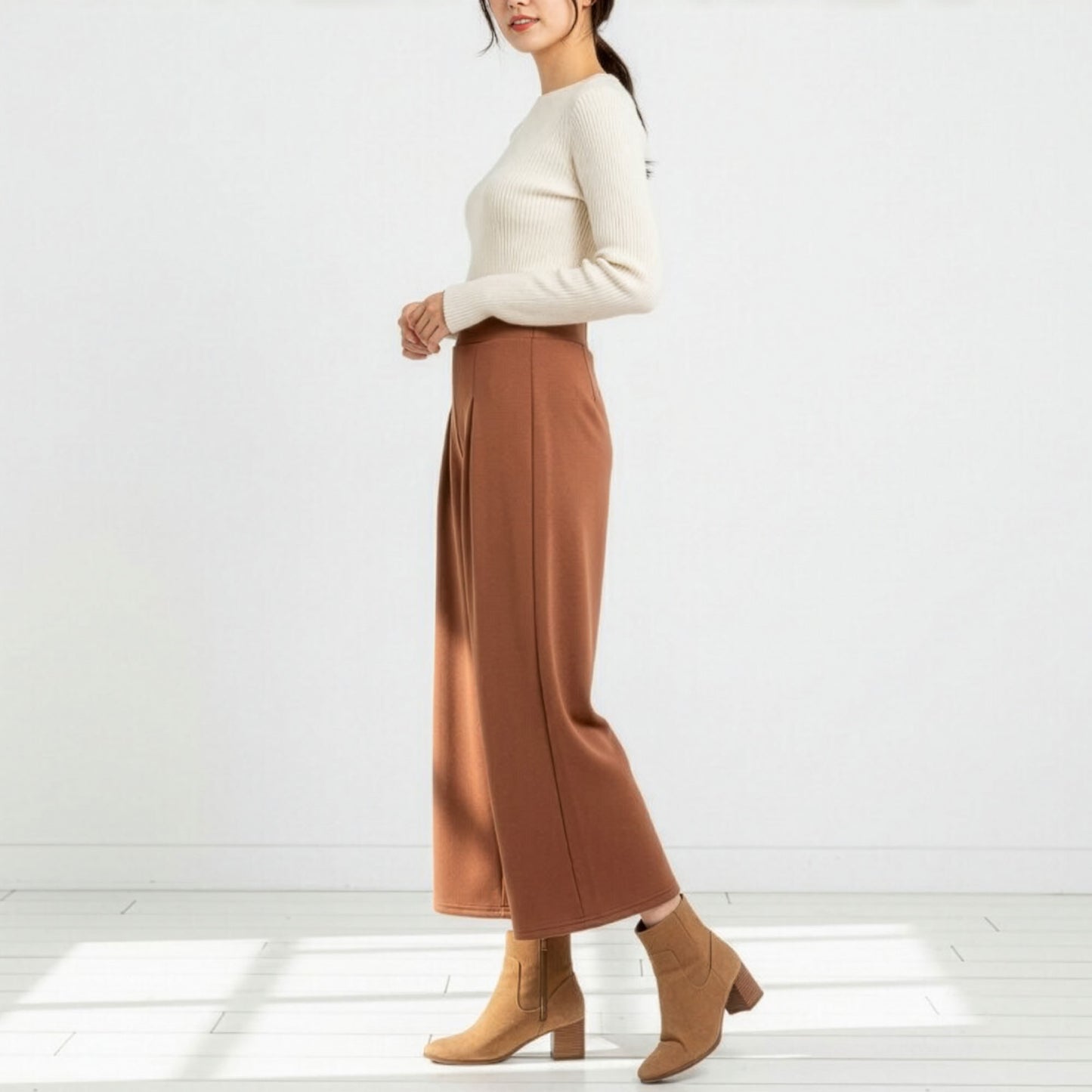 裏起毛ストレッチクロップド丈ワイドパンツ M、L、LL