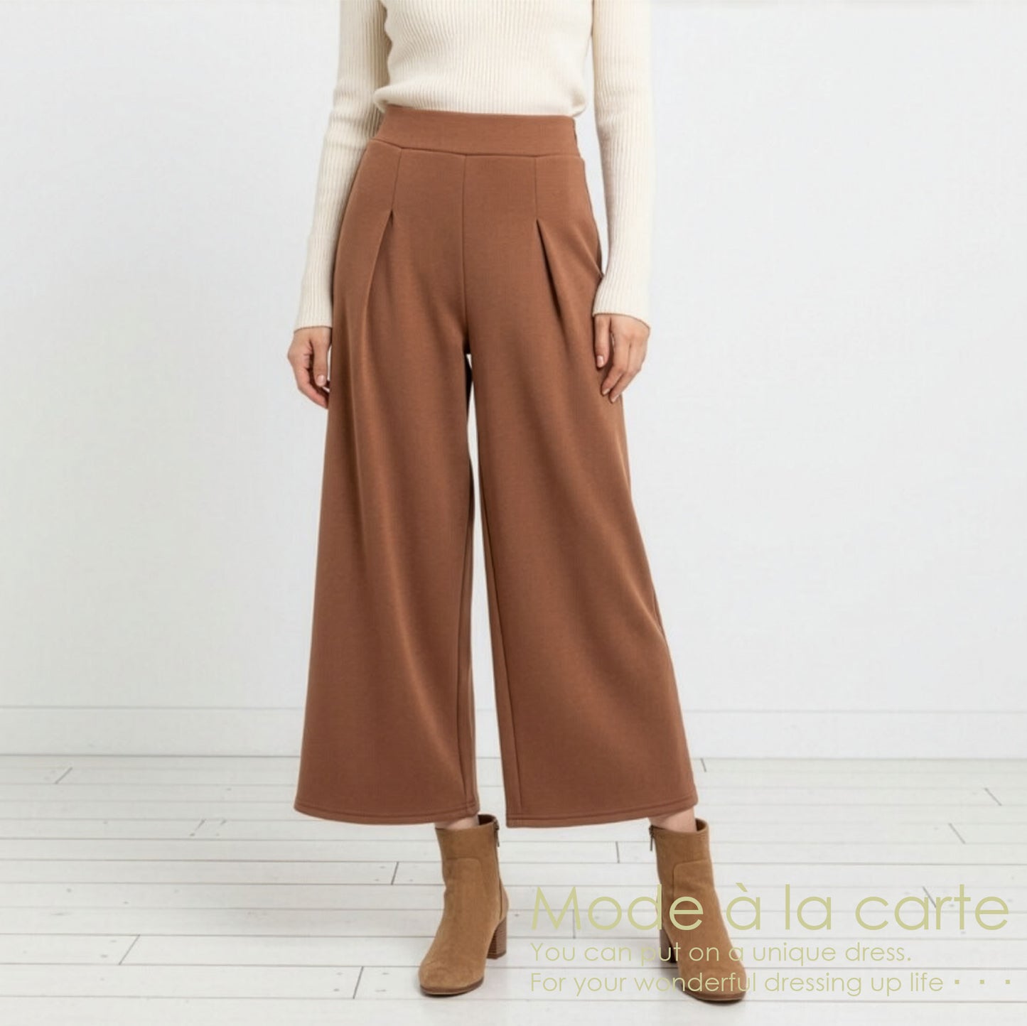 裏起毛ストレッチクロップド丈ワイドパンツ M、L、LL