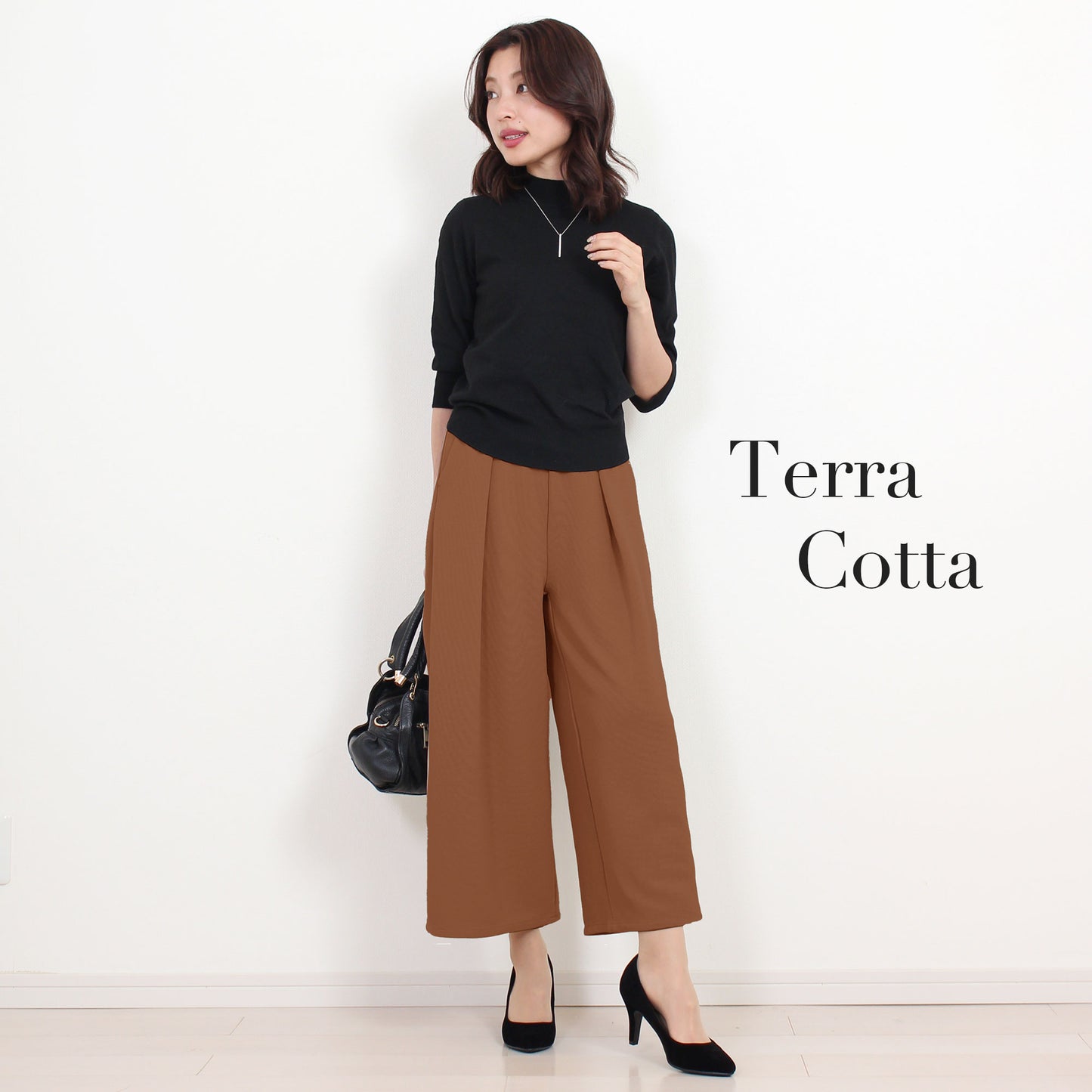 裏起毛ストレッチクロップド丈ワイドパンツ M、L、LL